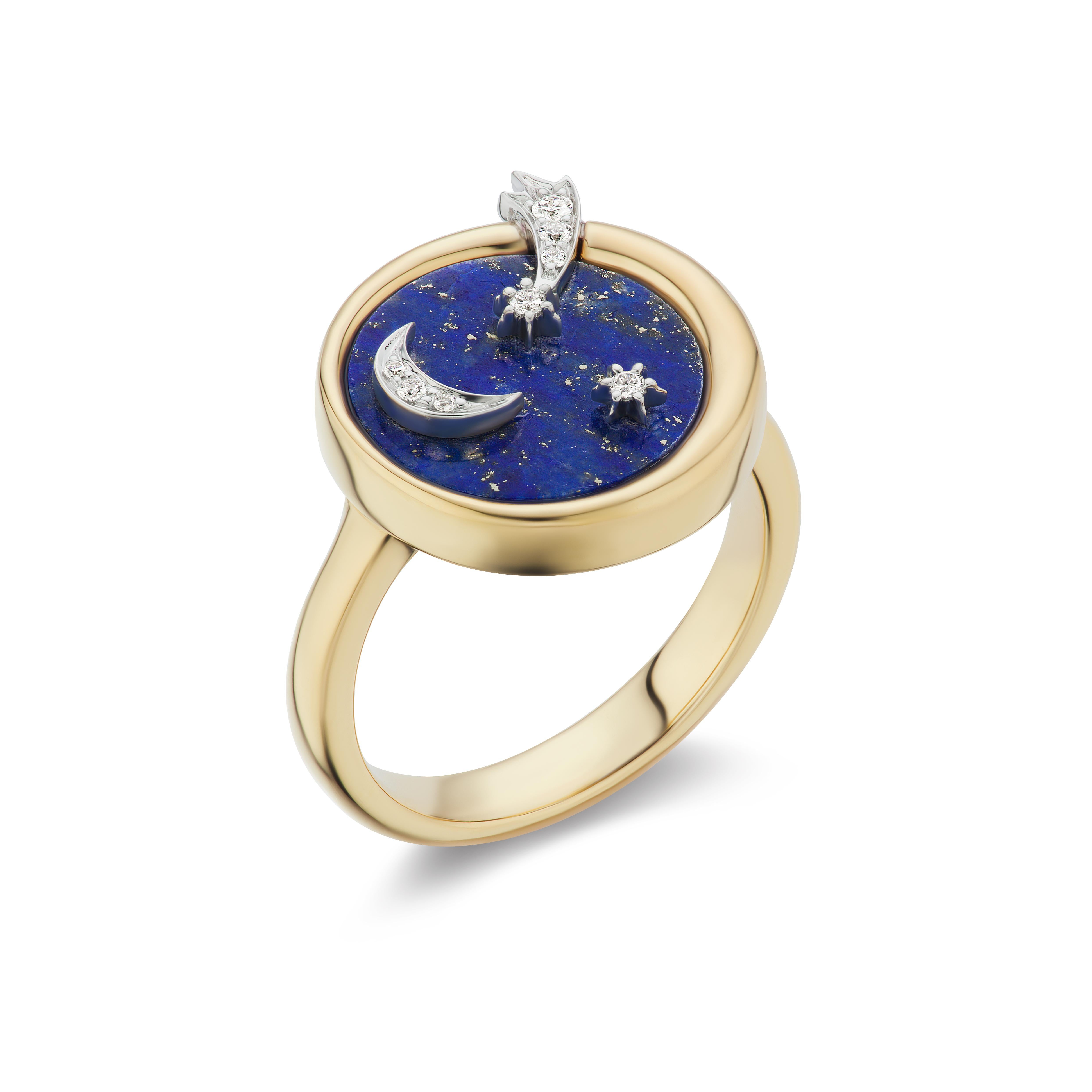 The Four Elements Air Ring is a dazzling piece honoring both the visual and spiritual cosmos. A blue lapis lazuli ether is the background on which a luminous crescent moon and stars sparkle in yellow gold and pave diamonds. A radiant white gold and