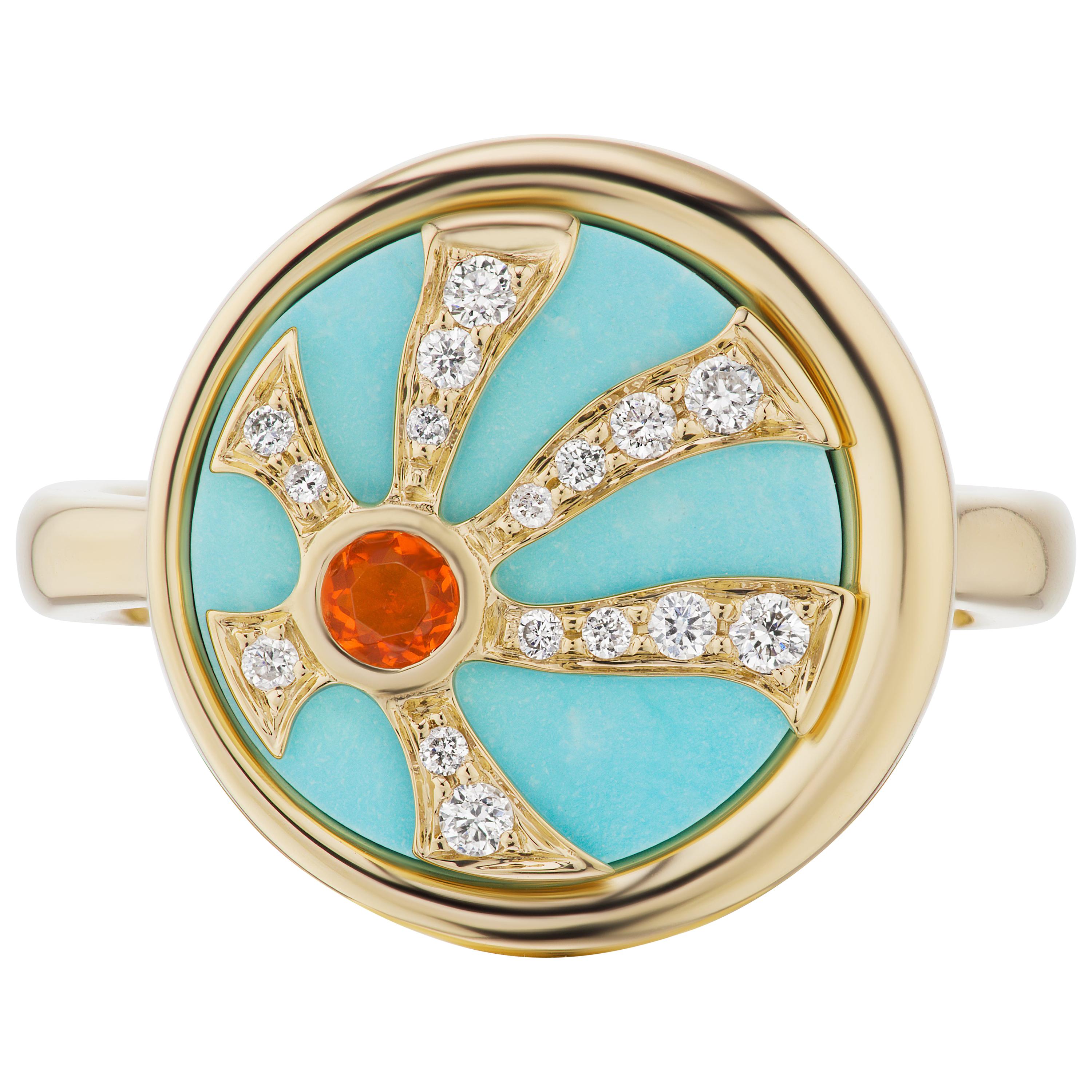 Anakatarina 18 Karat Gold Fire Opal, Turquoise, and Diamond Elements "Fire' Ring For Sale