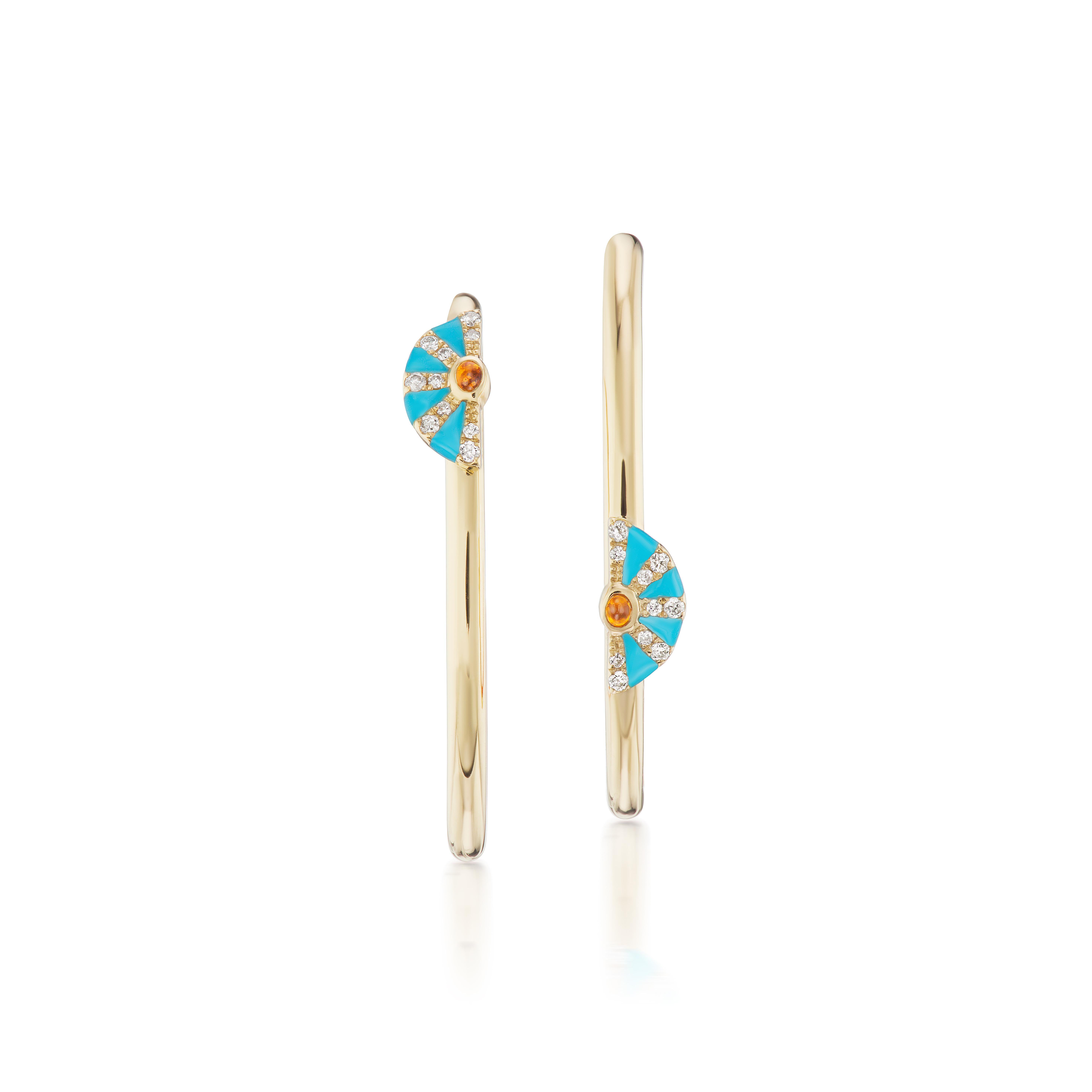 The Four Elements Fire Hoop Earrings illustrate the creative nature that ignites our passions through its bold imagery. A fire opal center emblazoned in the rising sun is surrounded by magnificent rays playfully sparkling against an enamel blue sky.