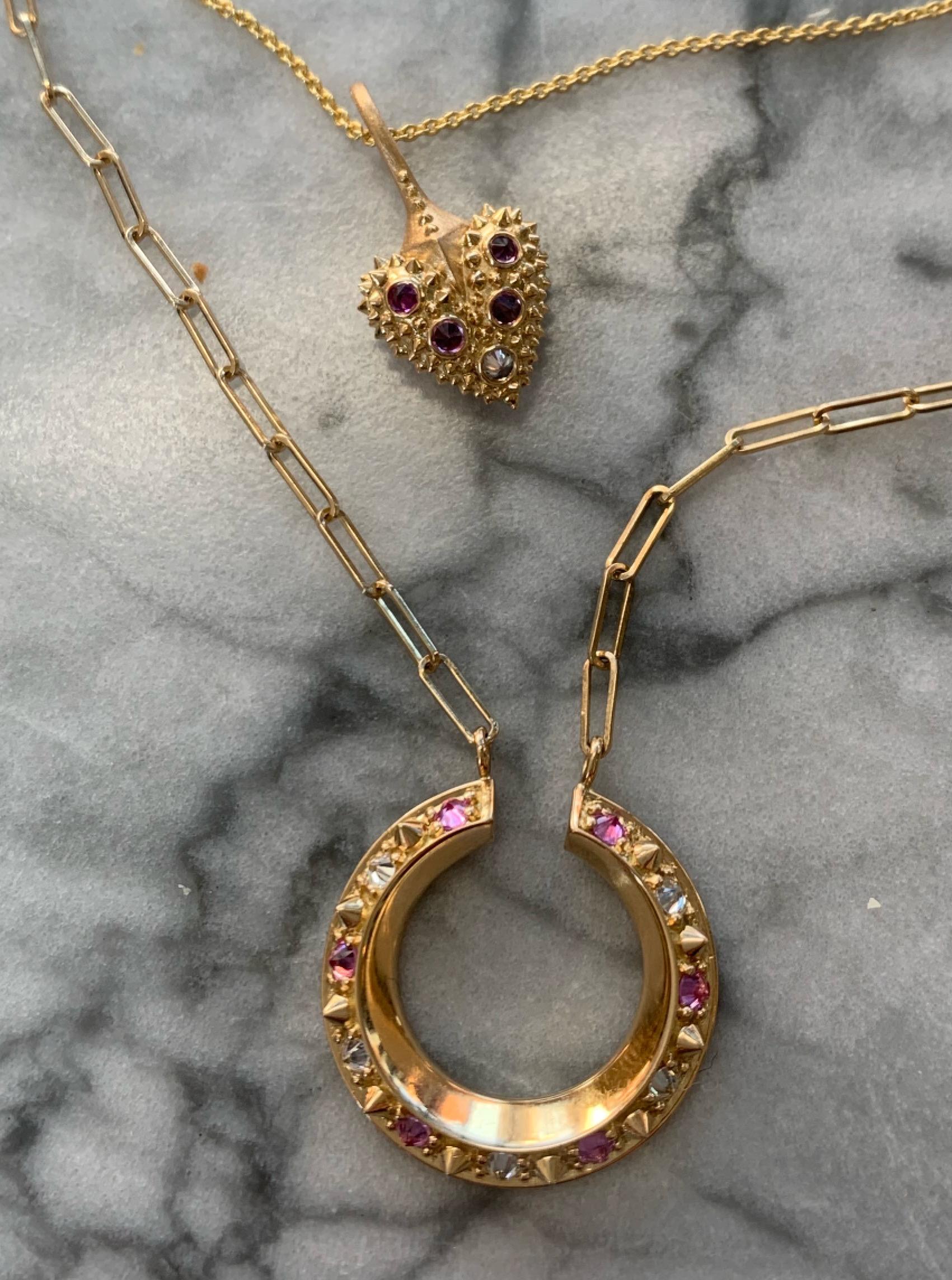 Anakatarina 18k Gold, Diamond, and Pink Sapphire 'Attitude' Twist Necklace In New Condition For Sale In Dedham, MA