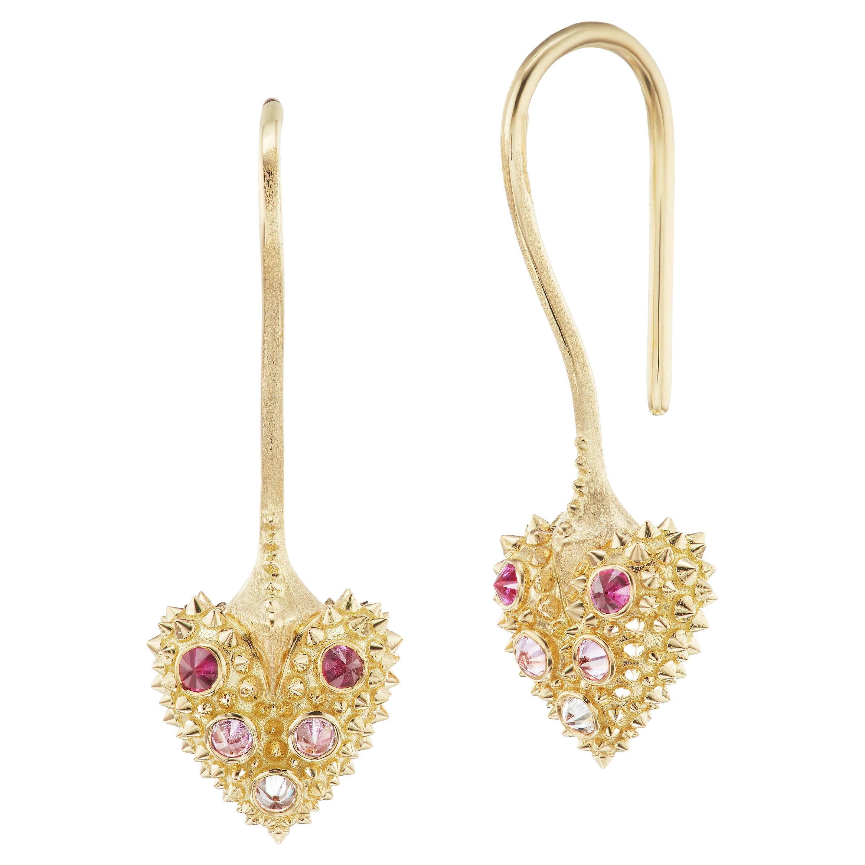 AnaKatarina 18K Gold, Diamond, and Pink Sapphire 'Pierce Your Heart' Earrings For Sale