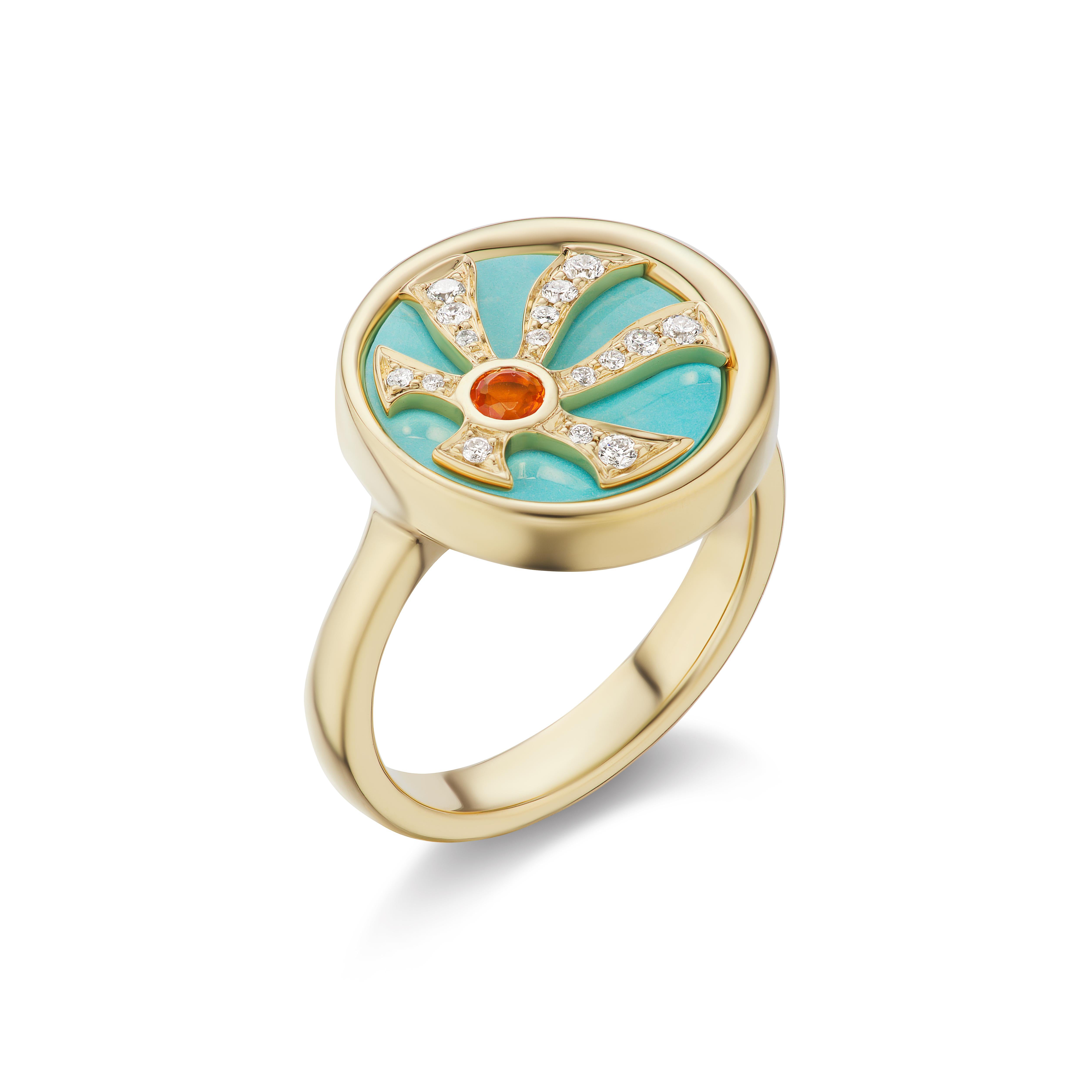 The Four Elements Fire Ring illustrates the creative nature that ignites our passions through its bold imagery. A fire opal center emblazoned in the rising sun is surrounded by magnificent rays playfully sparkling with diamonds against a turquoise