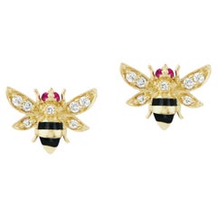 AnaKatarina 18k Gold, Ruby, Diamond Bee Stud Earrings