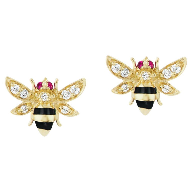 AnaKatarina 18k Gold, Ruby, Diamond Bee Stud Earrings For Sale