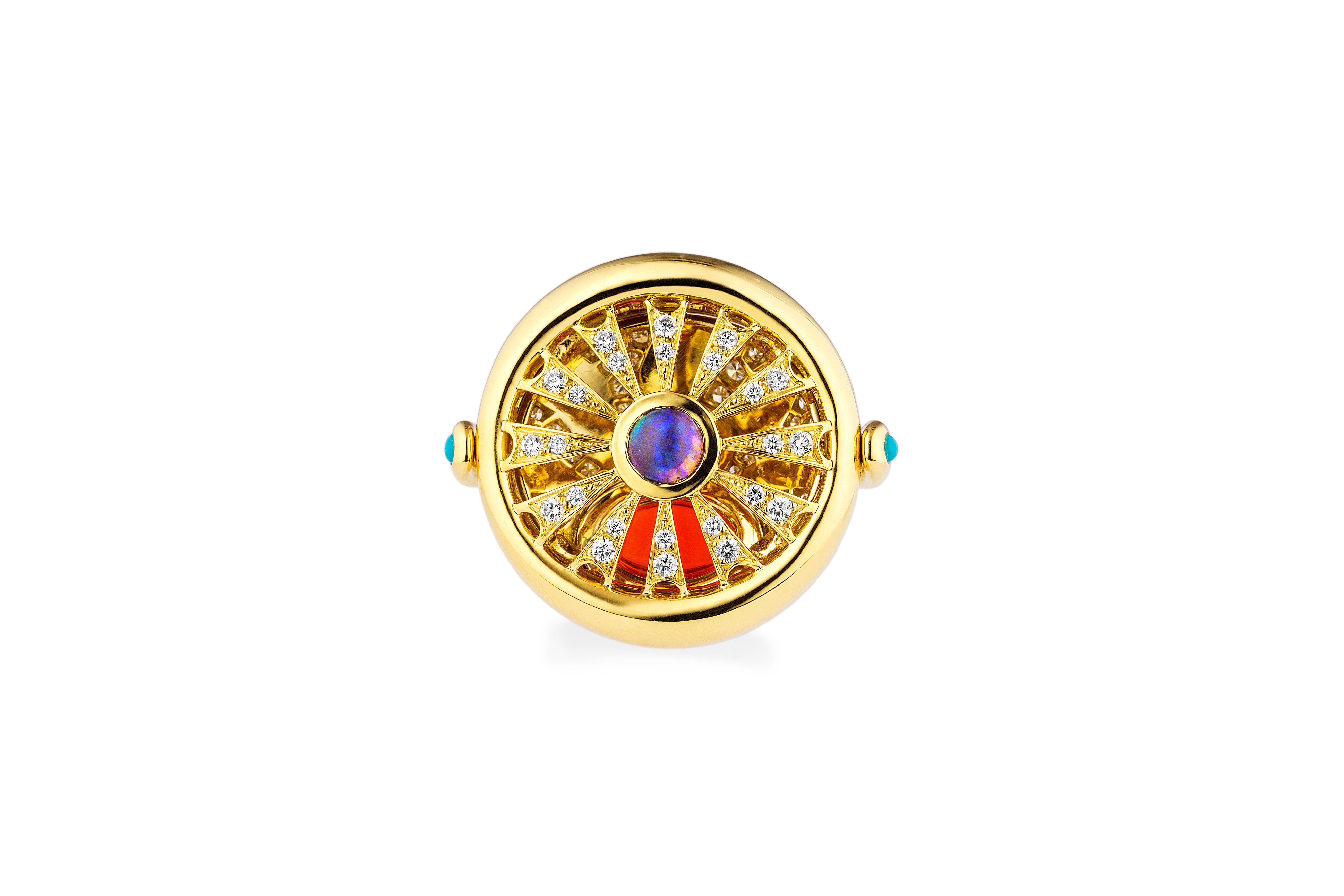 The Four Elements Fire Ring illustrates the creative nature that ignites our passions through its bold imagery. A fire opal center emblazoned in the rising sun is surrounded by magnificent rays playfully sparkling with diamonds against an enamel