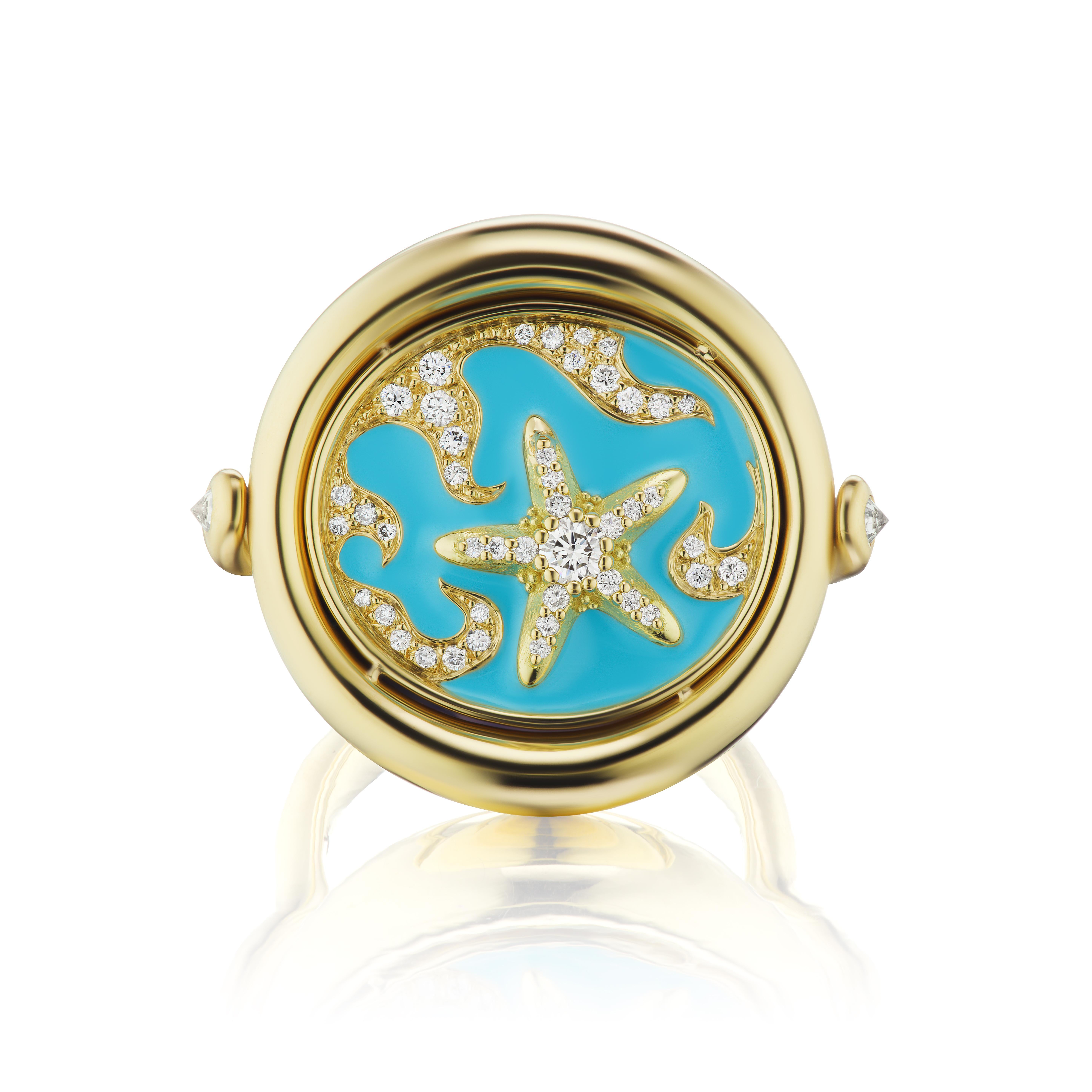 18k Yellow Gold, Brazilian Agate Cameo, 1.01ct Diamonds, and Blue Enamel

Design Inspiration 

Japanese paintings inspired the Water Ring.  A hand-carved wave cameo floats in a sea of blue enamel, and diamond waves connect you to the power of the
