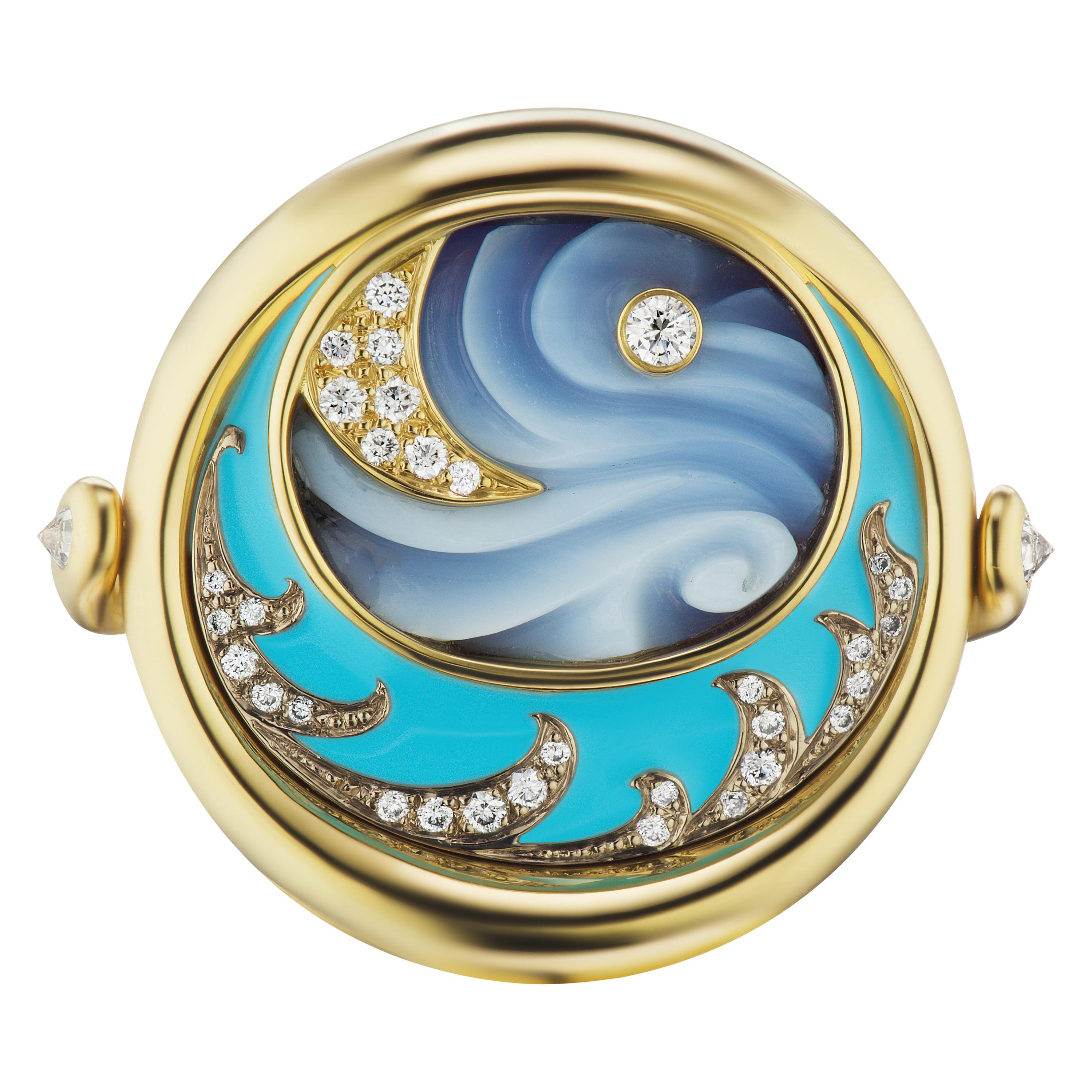 AnaKatarina 4 Elements "Water" Ring in Agate, Diamond, Yellow Gold, and Enamel For Sale