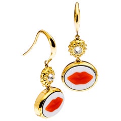 AnaKatarina Brazilian Red Agate, 18 Karat Yellow Gold and Diamond 'Lip' Earrings