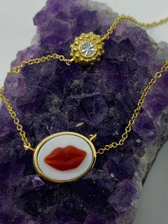 AnaKatarina Brazilian Red Agate, 18k Gold, and Diamond 'Lips' Charm Bracelet