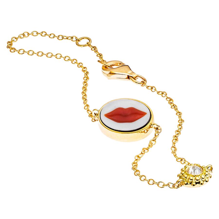 AnaKatarina Brazilian Red Agate, 18k Gold, and Diamond 'Lips' Charm Bracelet For Sale