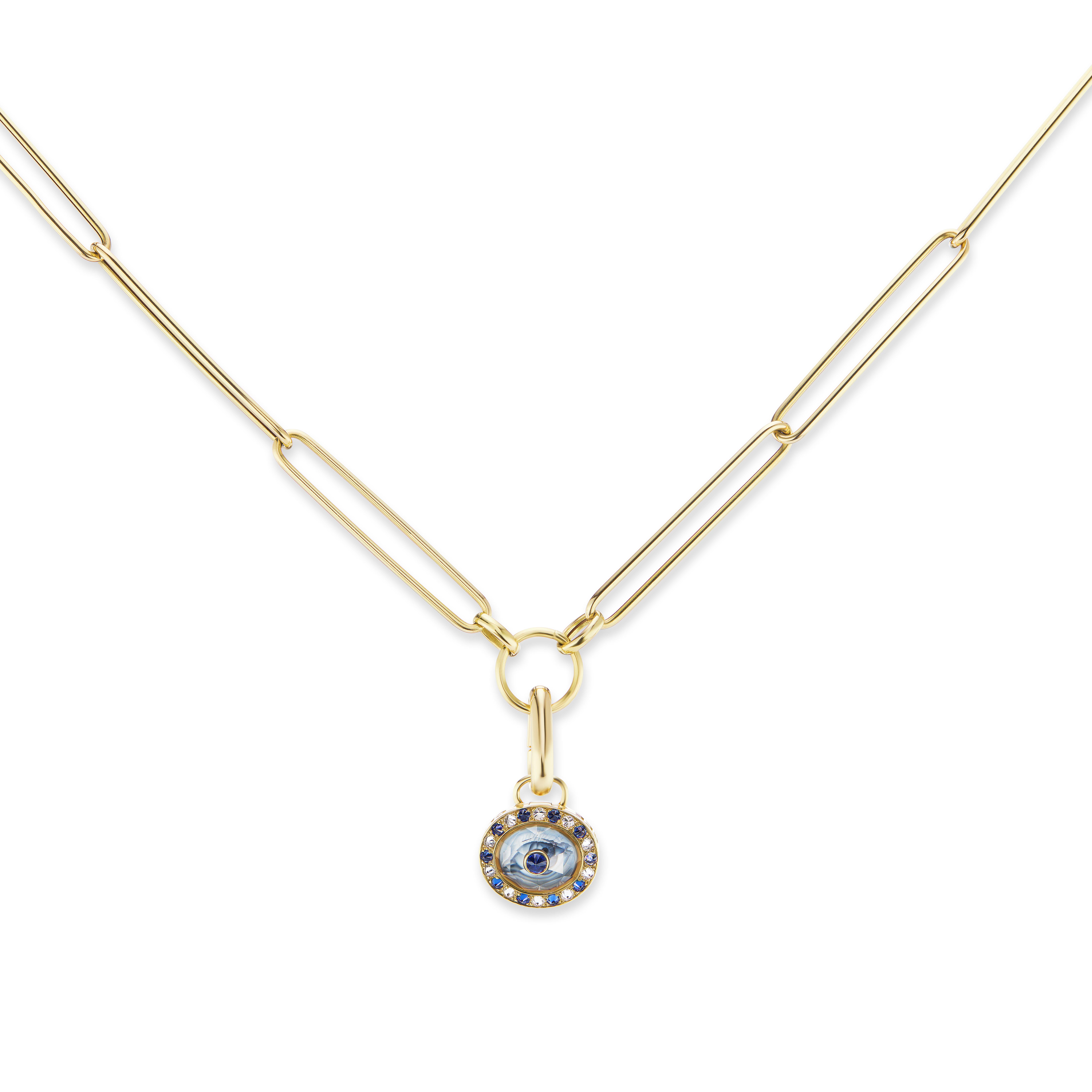 AnaKatarina Customizable Agate, Gold, Sapphire, Diamond Eye Love Locket Pendant In New Condition In Dedham, MA