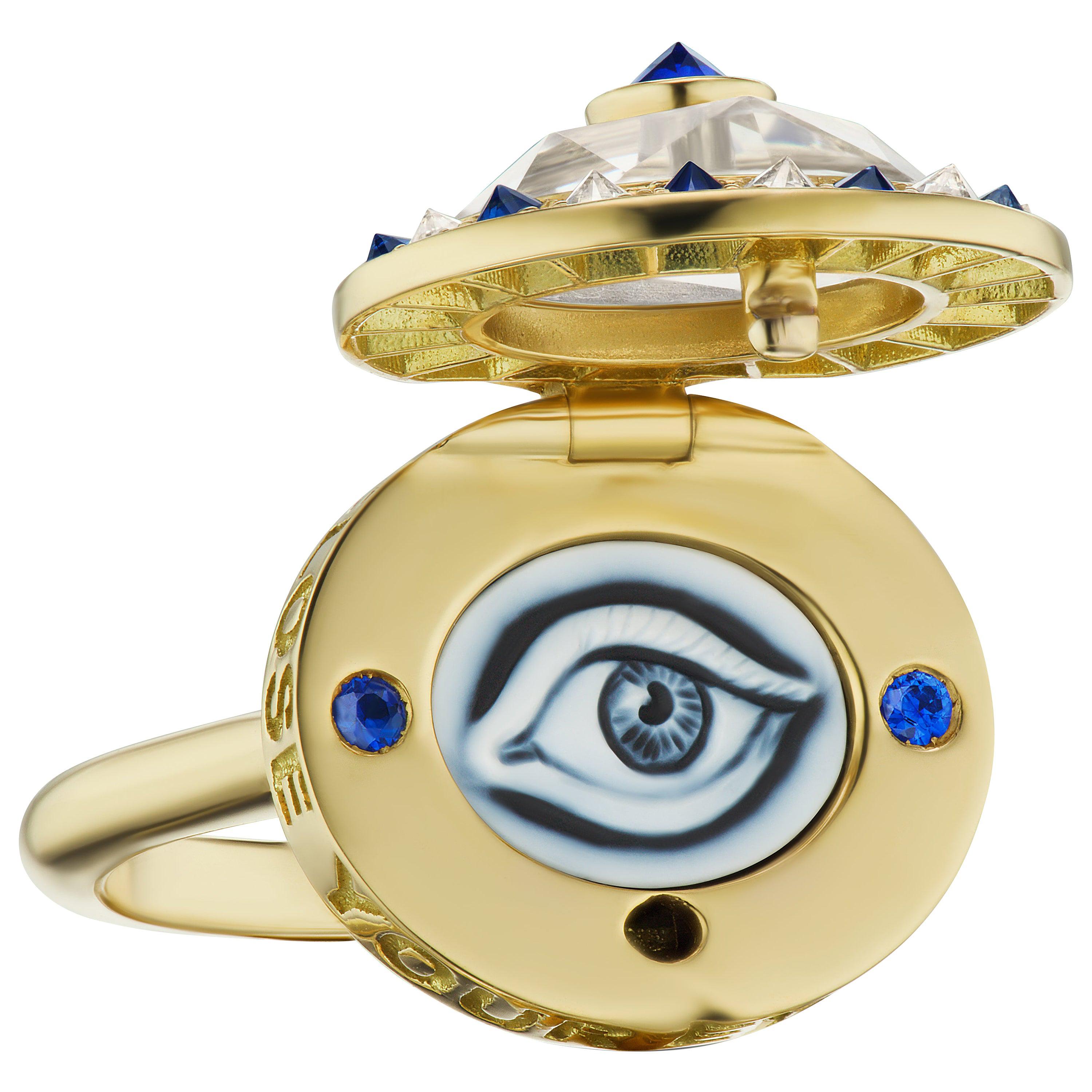 AnaKatarina Customizable Agate, Gold, Sapphire, Diamond "Eye Love" Locket Ring