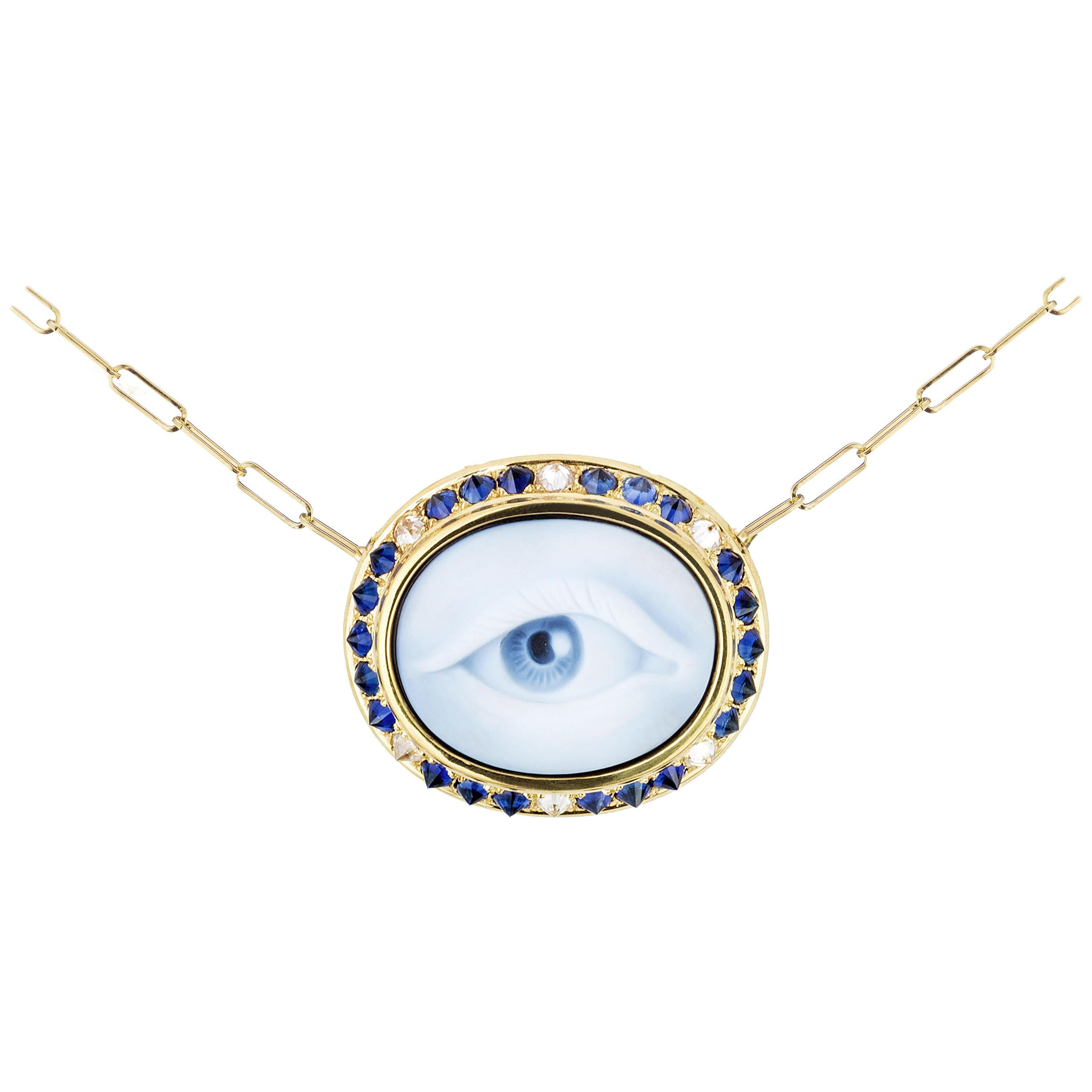 AnaKatarina Customizable Agate, Sapphire, Diamond, 18k Gold Eye Cameo Necklace For Sale