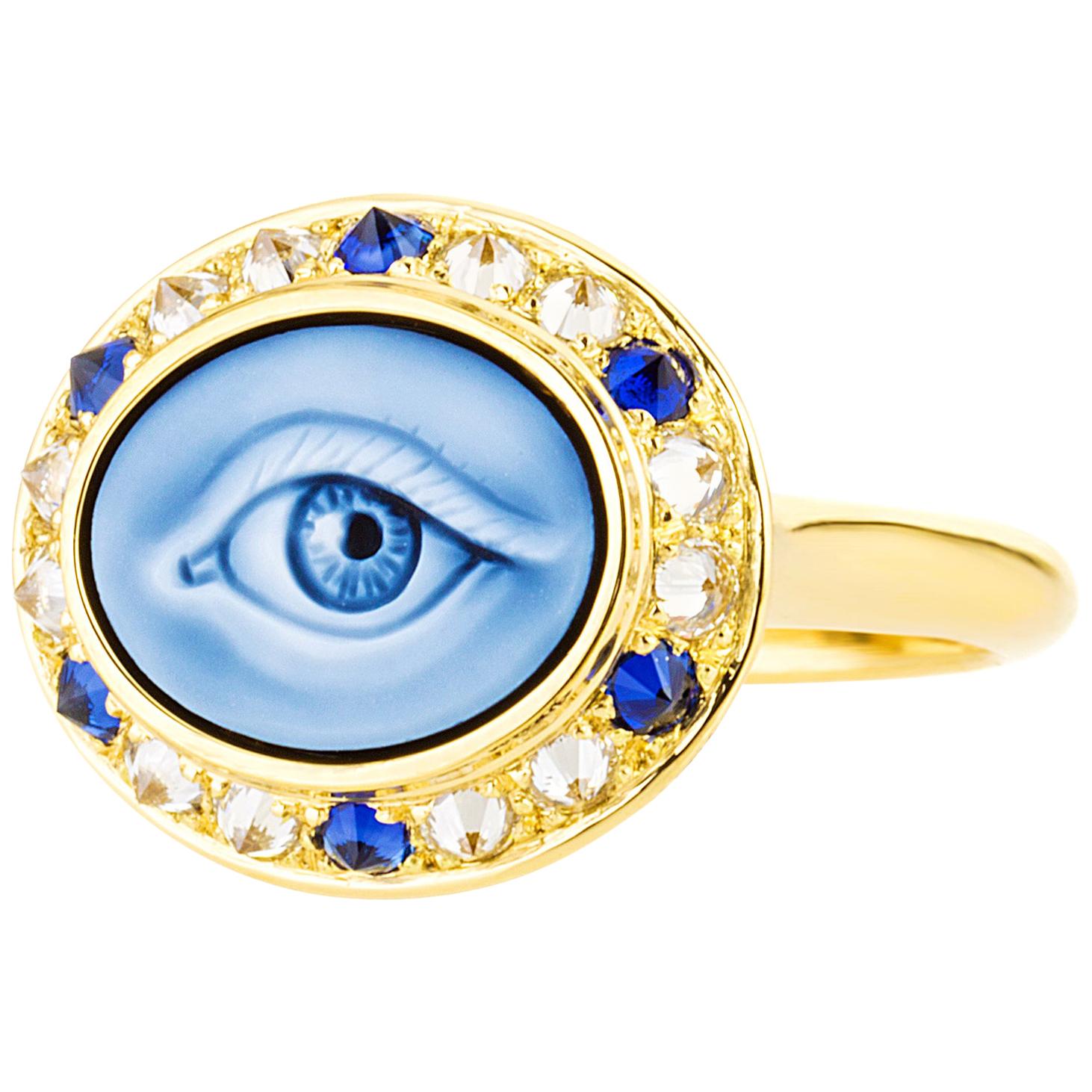  Customizable Carved Agate Cameo, 18k Gold, Diamonds Eye Ring by AnaKatatarina