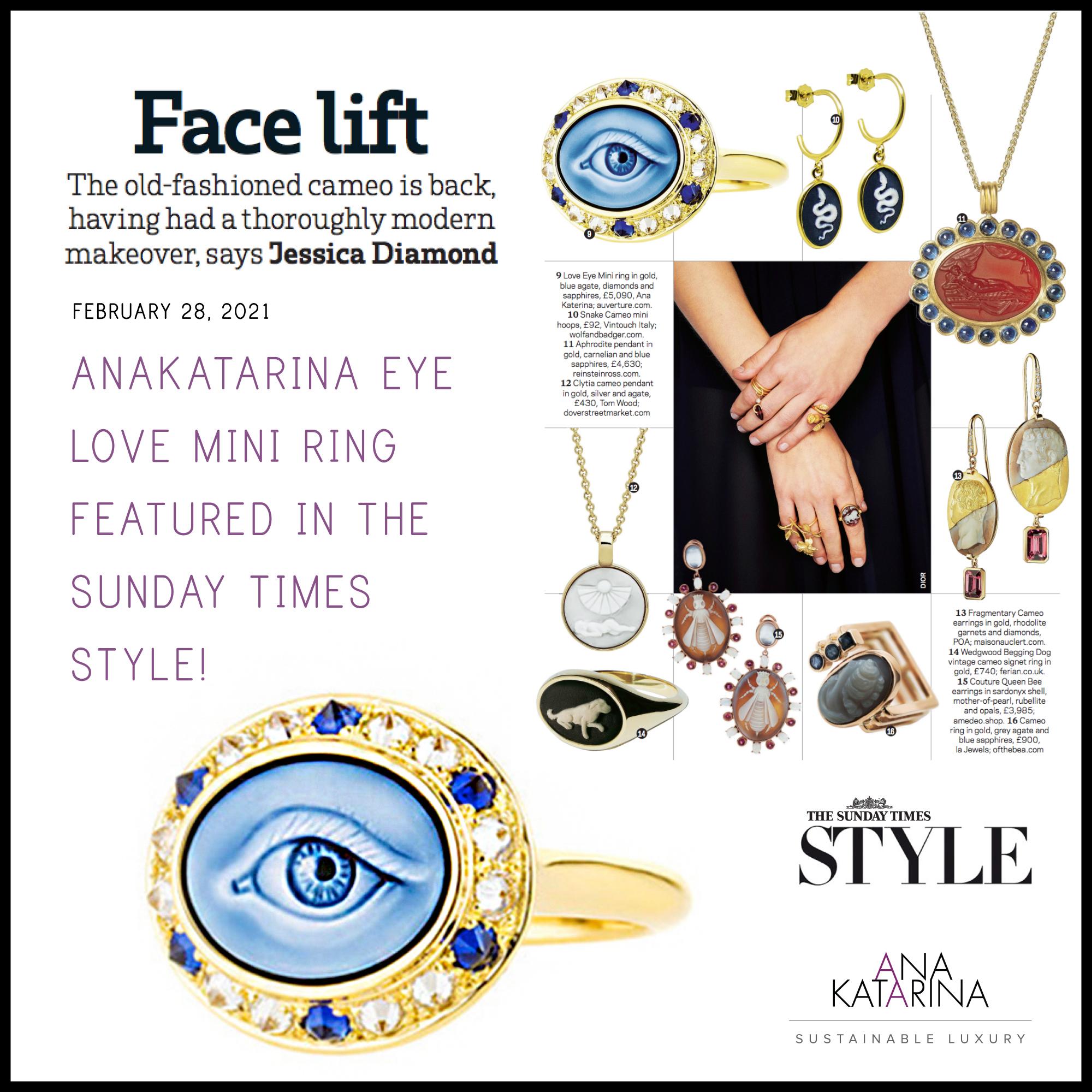 The blue agate cameo is hand created by a master carver bringing out the colors and depth within the stone's layers. Yellow gold set with inverted diamonds, in design homage to the sea urchin, surrounds the cameo. As in every piece in the