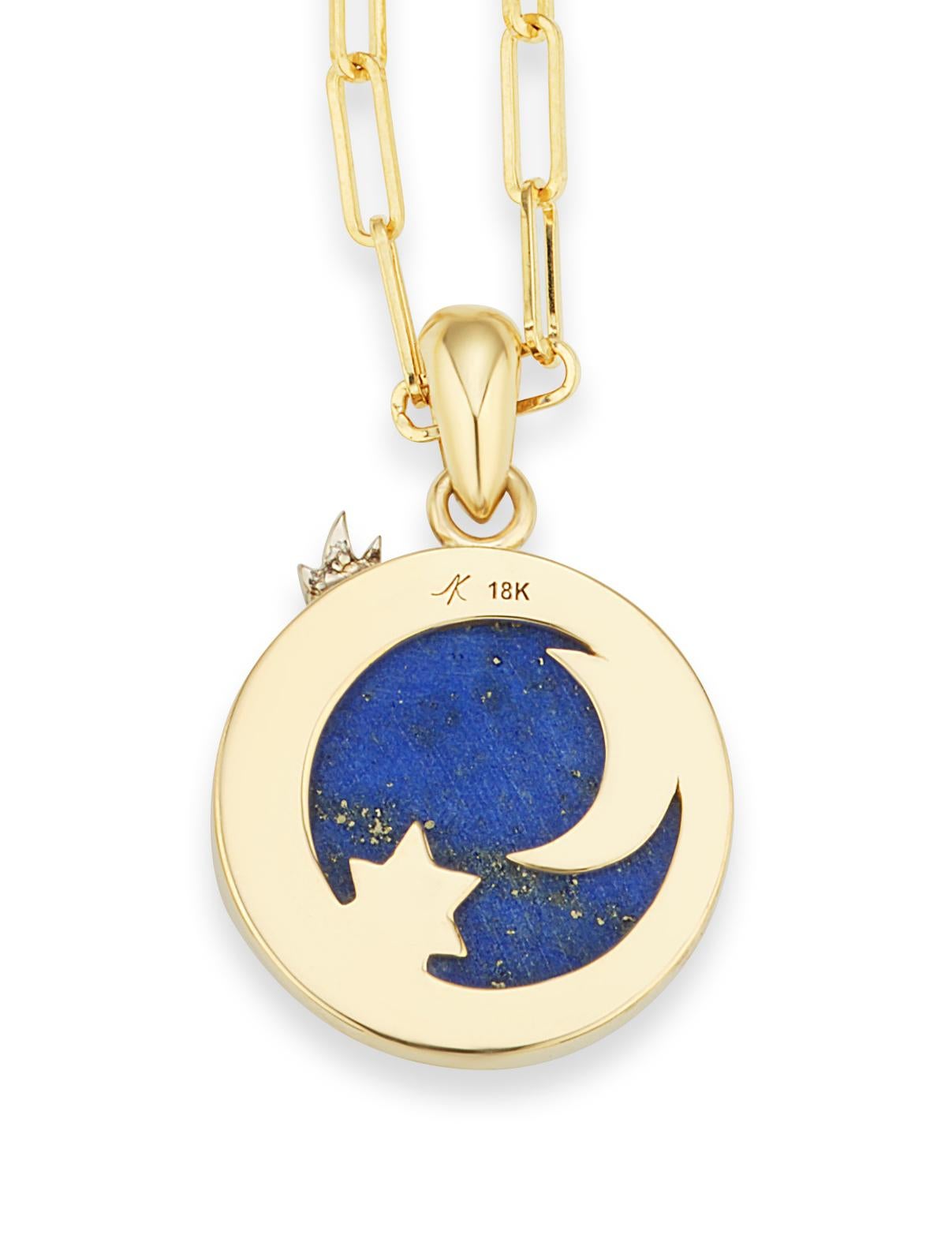 The Four Elements Air Pendant is a dazzling piece honoring both the visual and spiritual cosmos. A blue lapis lazuli ether is the background on which a luminous crescent moon and stars sparkle in yellow gold and pave diamonds. A radiant white gold