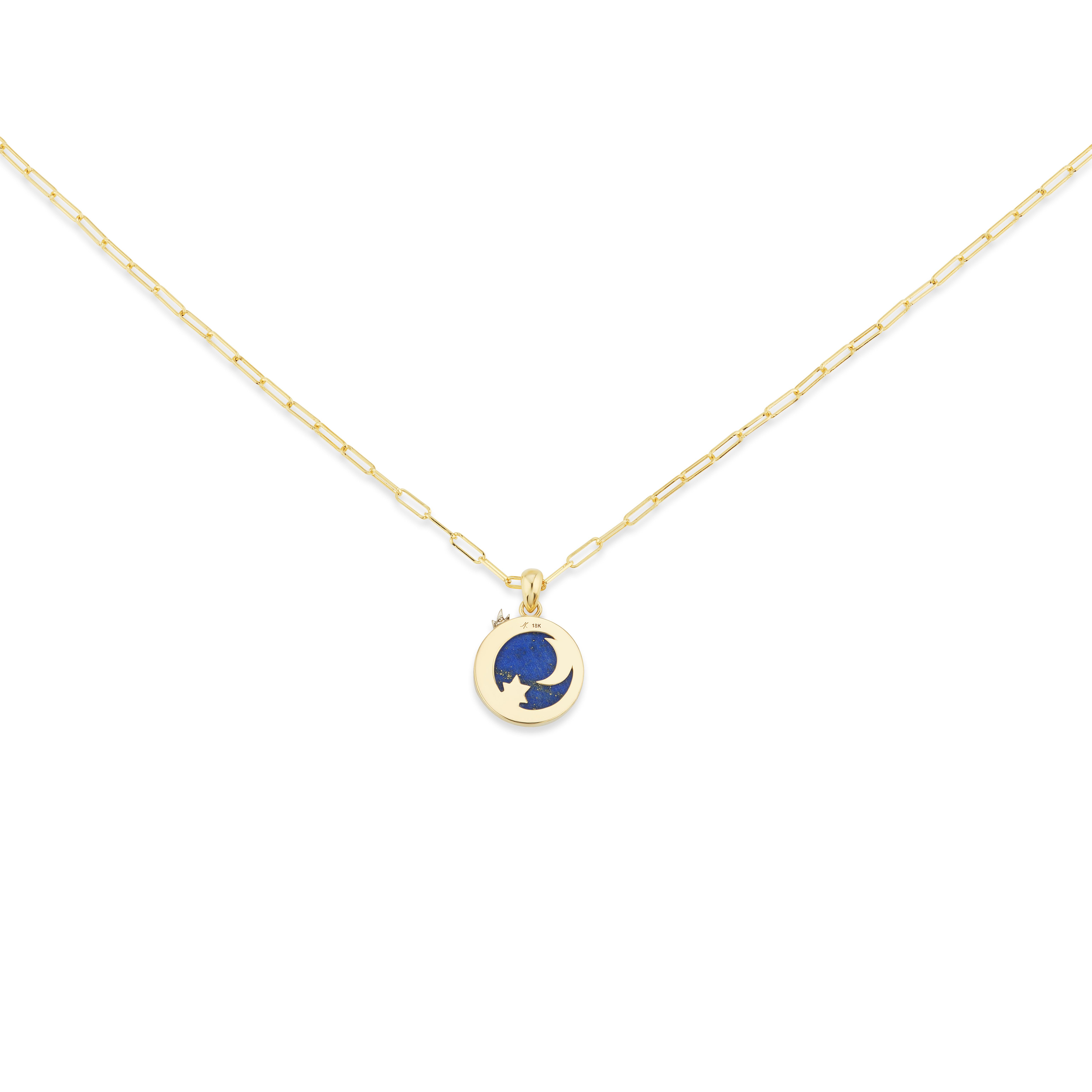 The Four Elements Air Pendant is a dazzling piece honoring both the visual and spiritual cosmos. A blue lapis lazuli ether is the background on which a luminous crescent moon and stars sparkle in yellow gold and pave diamonds. A radiant white gold
