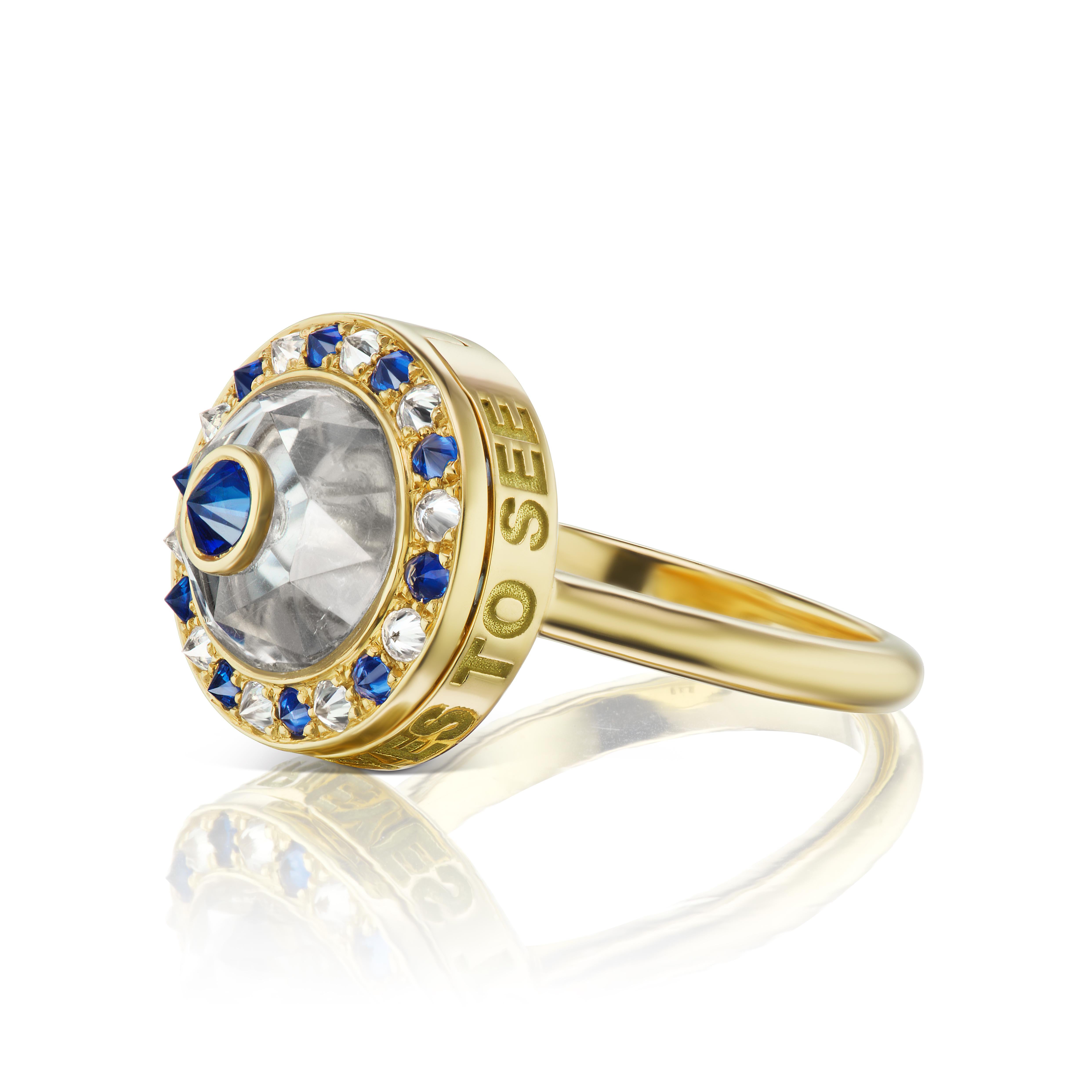 Ana-Katarina’s Eye Love Locket Ring is inspired by antique poison rings and her love of secrets. When closed, the Eye Love Locket is a beautiful work of art. A hand-carved quartz crystal rises in a faceted dome and is finished with an inverted