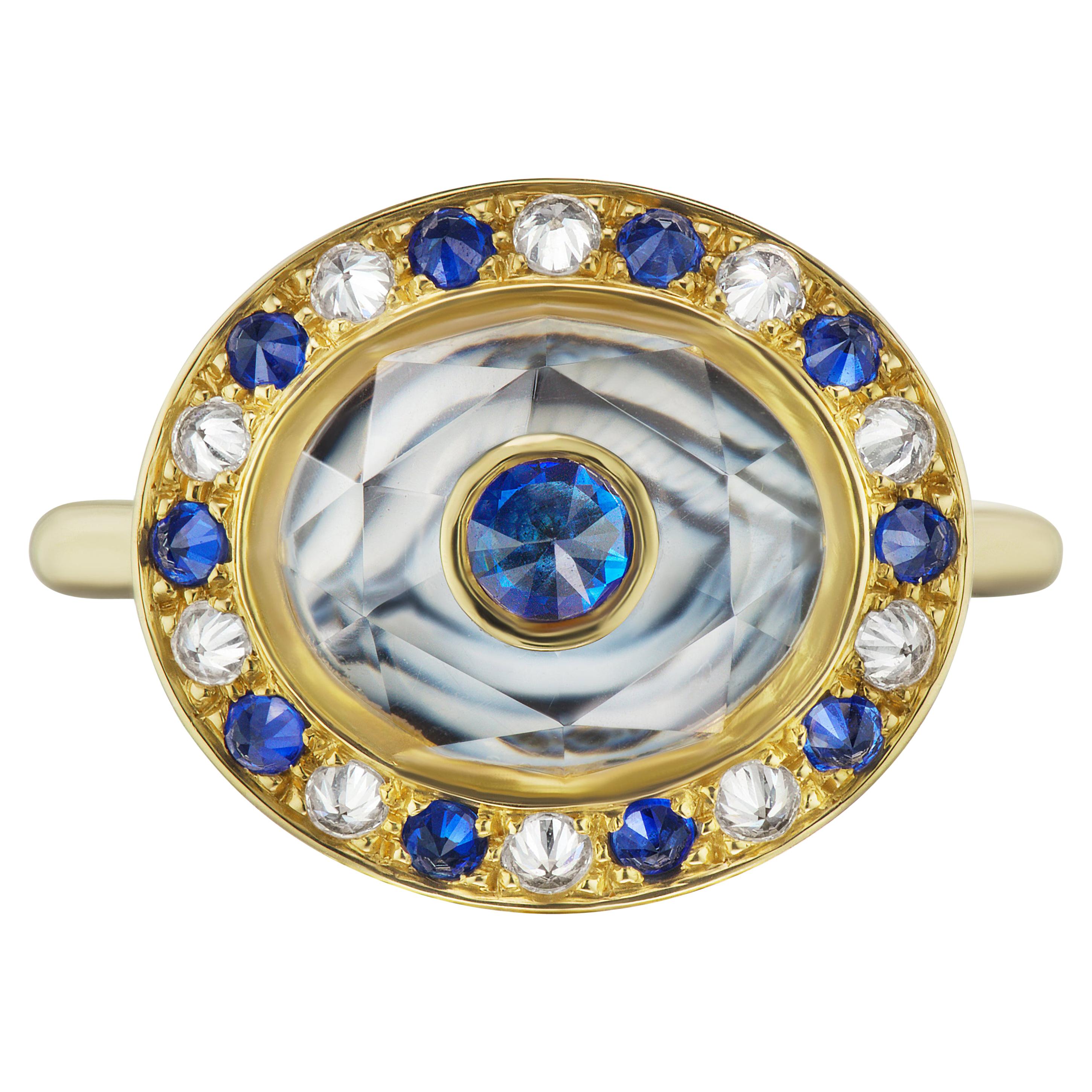 AnaKatarina Customizable Agate, Gold, Sapphire,  Diamond "Eye Love" Locket Ring For Sale