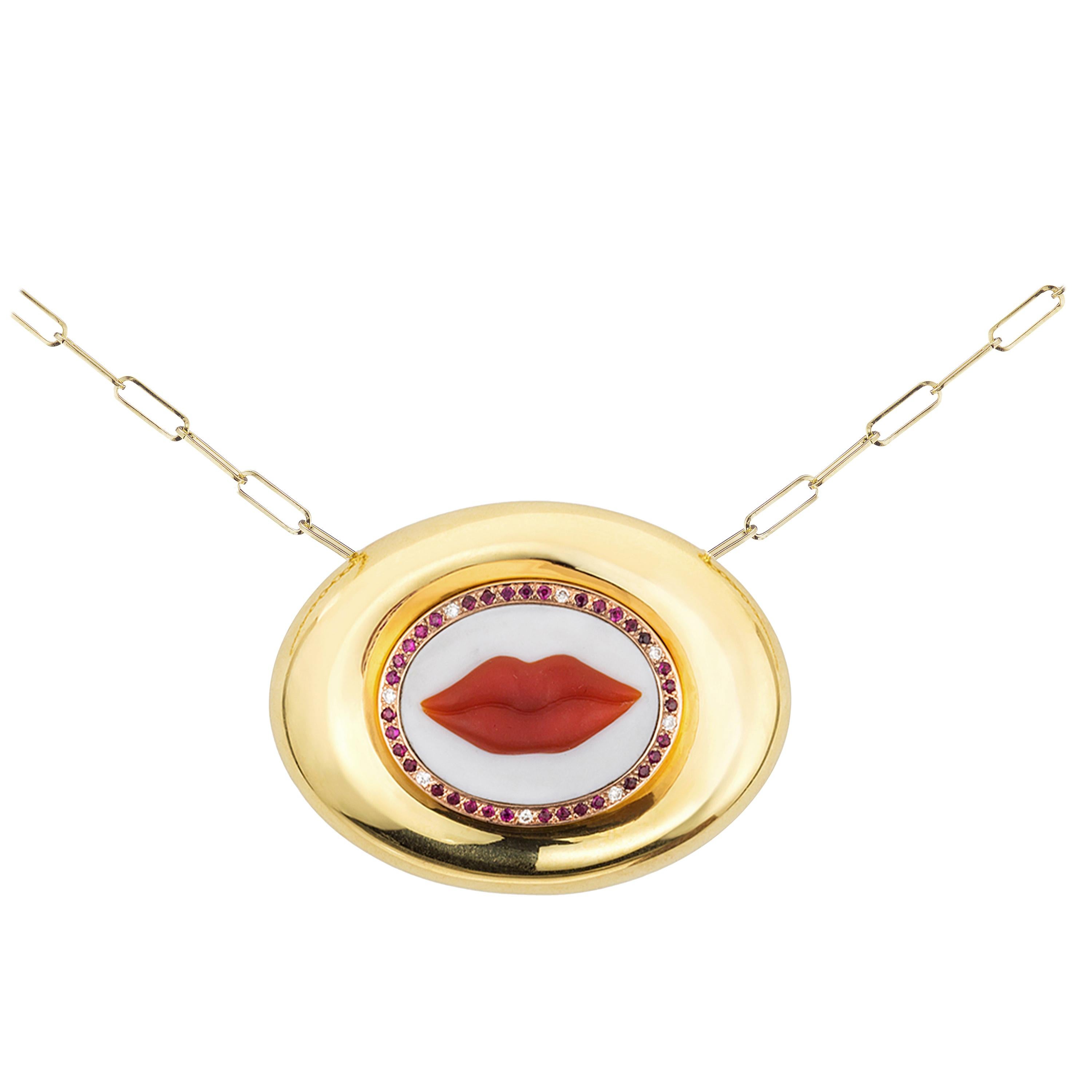 AnaKatarina Hand Carved Agate, Rose Gold, Rubies and Diamond Lips Cameo Necklace For Sale