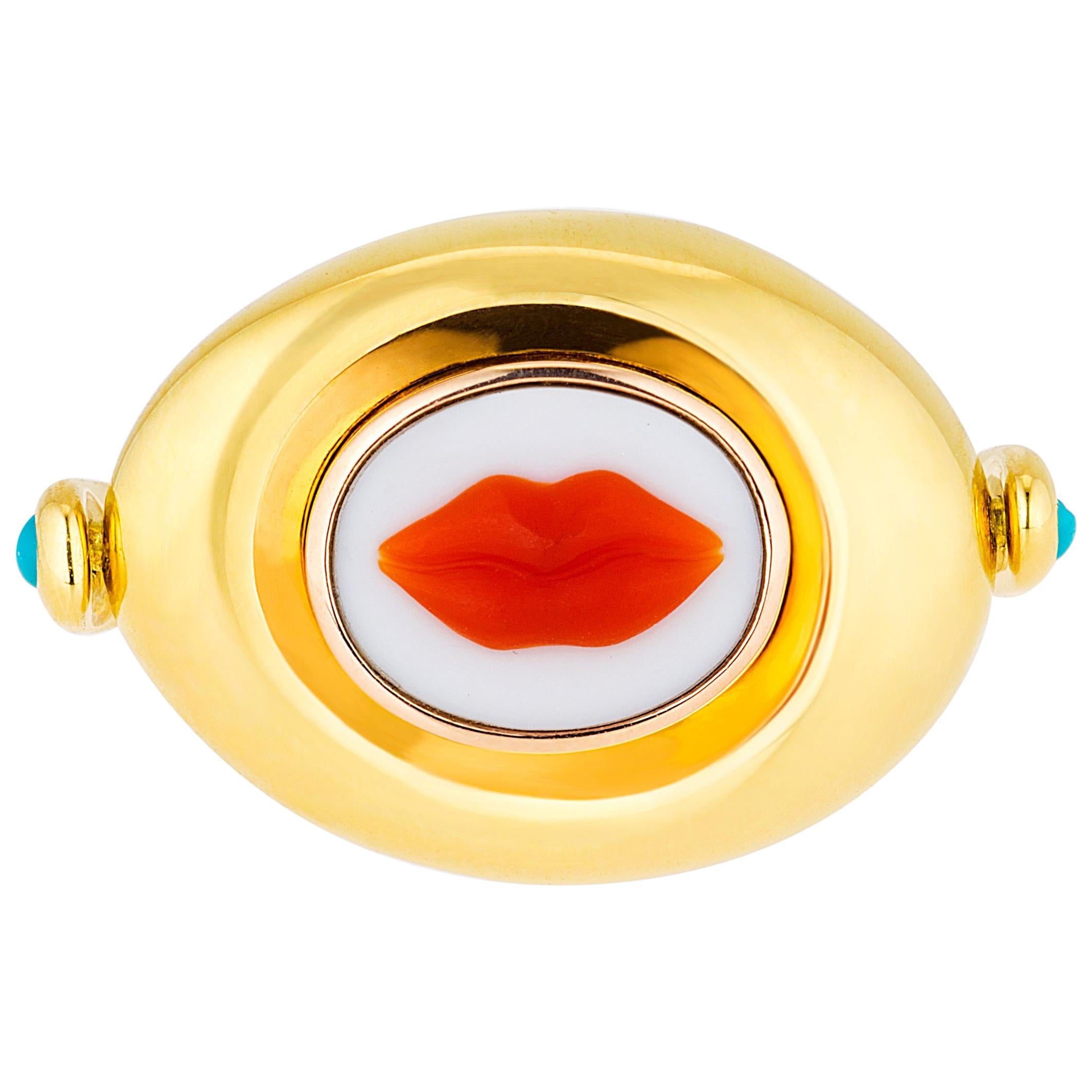 AnaKatarina Hand Carved Lips Cameo Yellow Gold Flip Ring For Sale