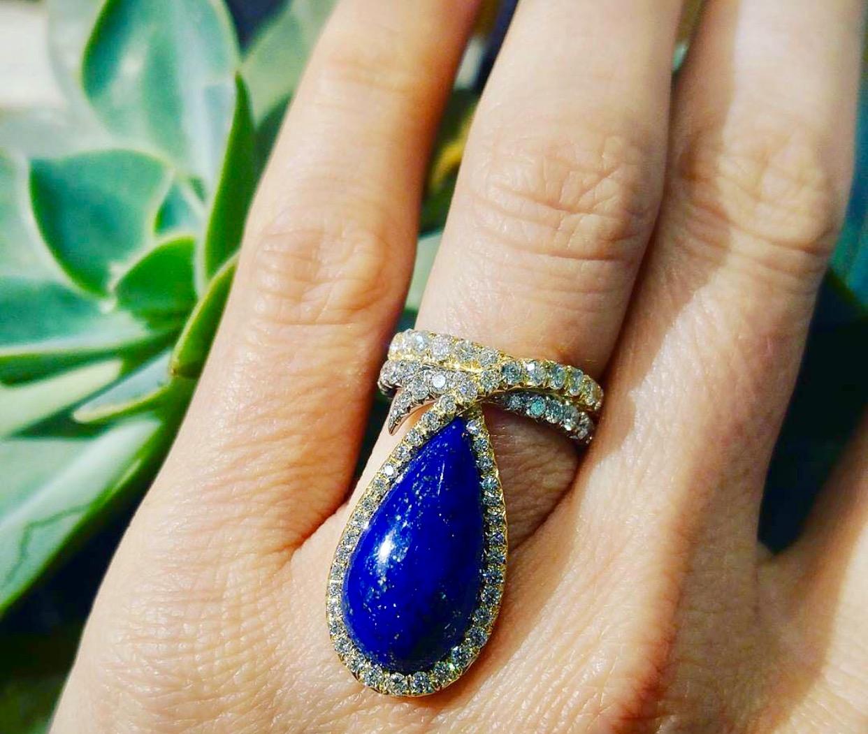 AnaKatarina One-of-a-Kind Vintage Lapis, Yellow and White Gold and Diamond Ring In New Condition For Sale In Dedham, MA