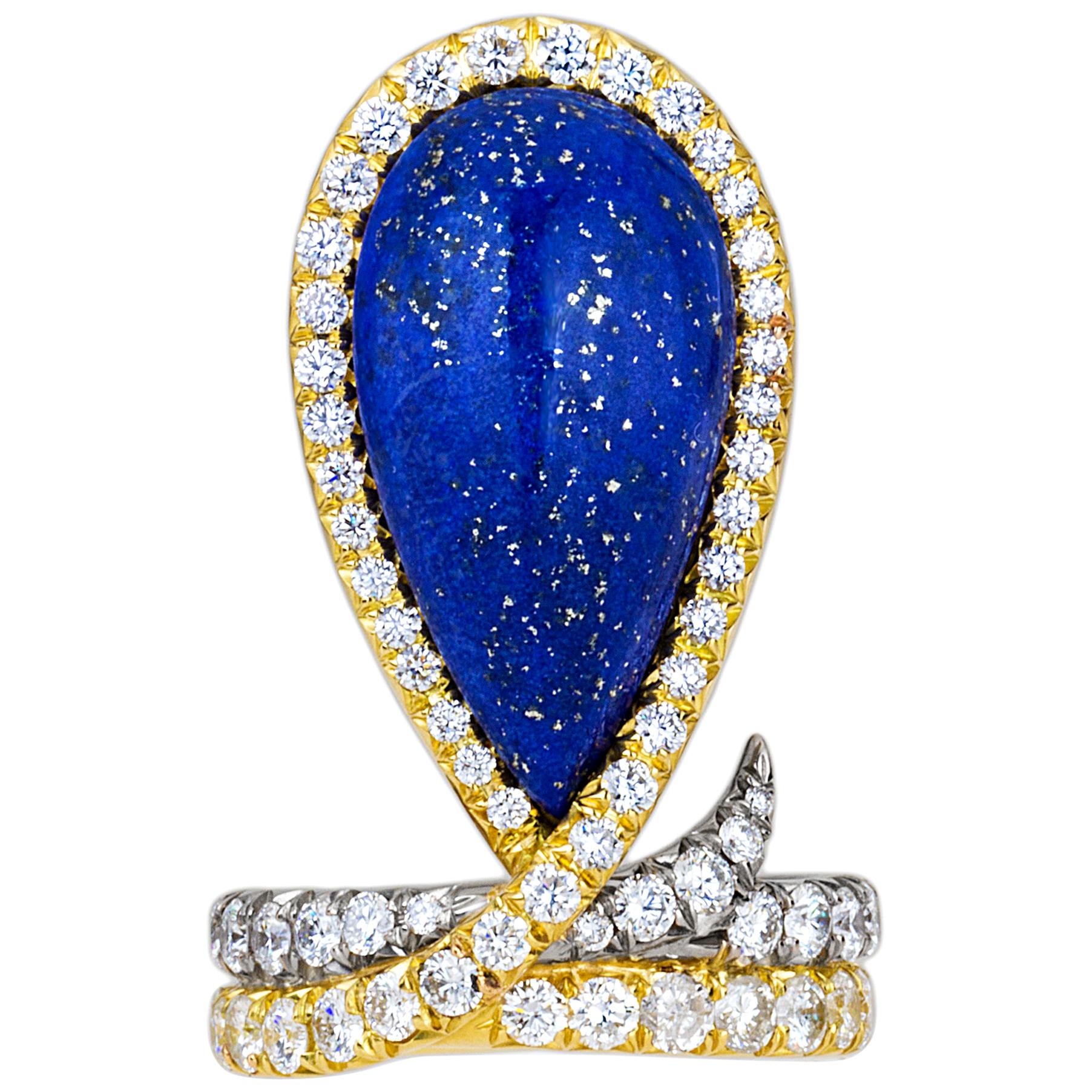 AnaKatarina One-of-a-Kind Vintage Lapis, Yellow and White Gold and Diamond Ring For Sale