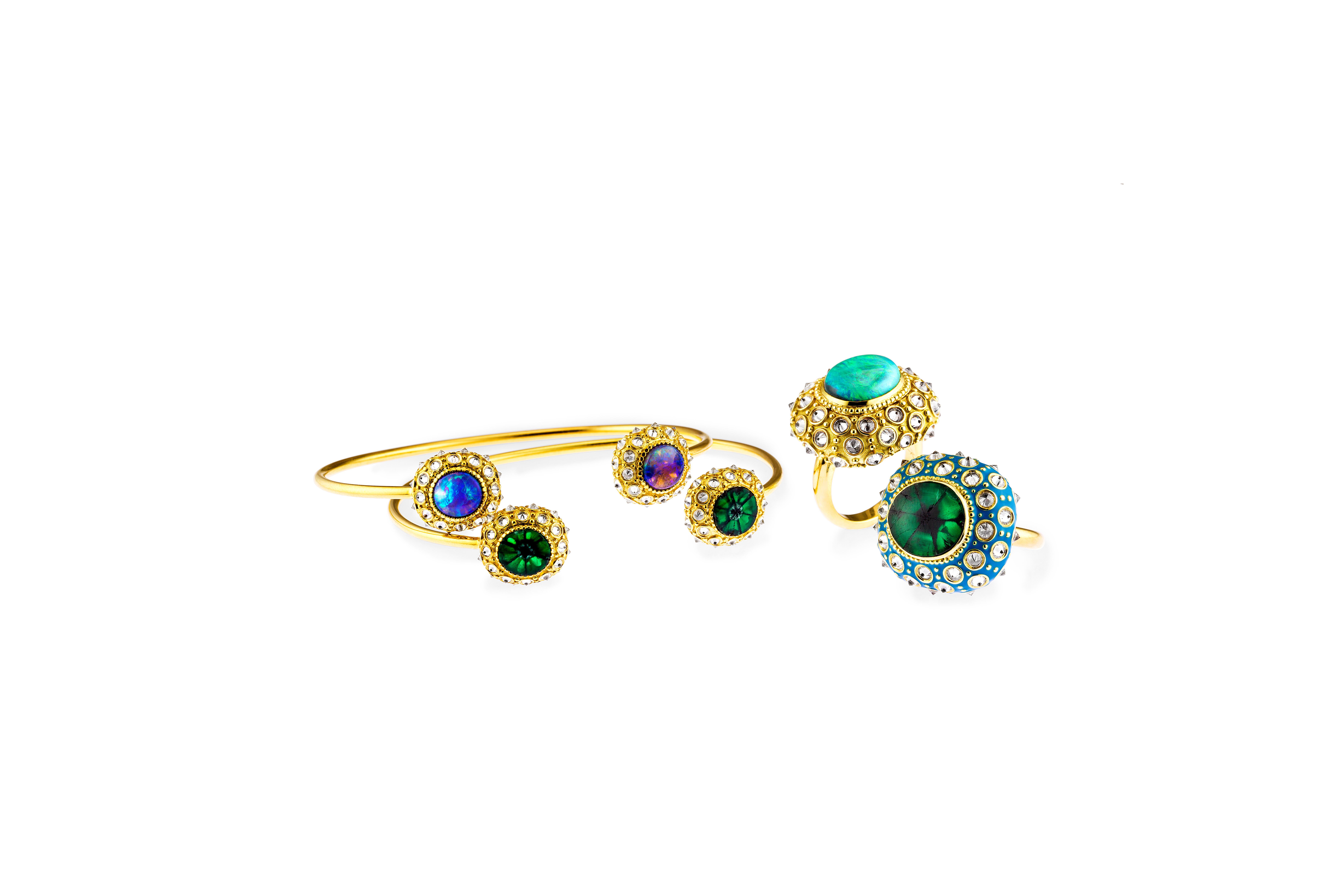 Women's or Men's AnaKatarina Opal, Yellow Gold and Diamond Sea Urchin Cuff