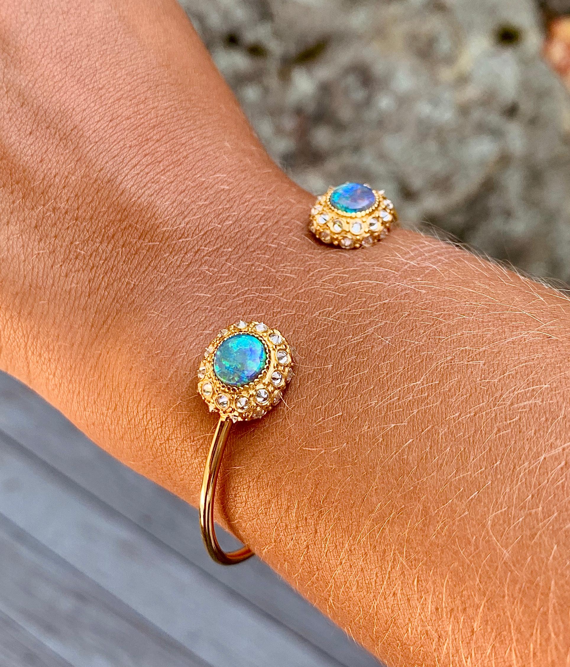 Round Cut AnaKatarina Opal, Yellow Gold and Diamond Sea Urchin Cuff