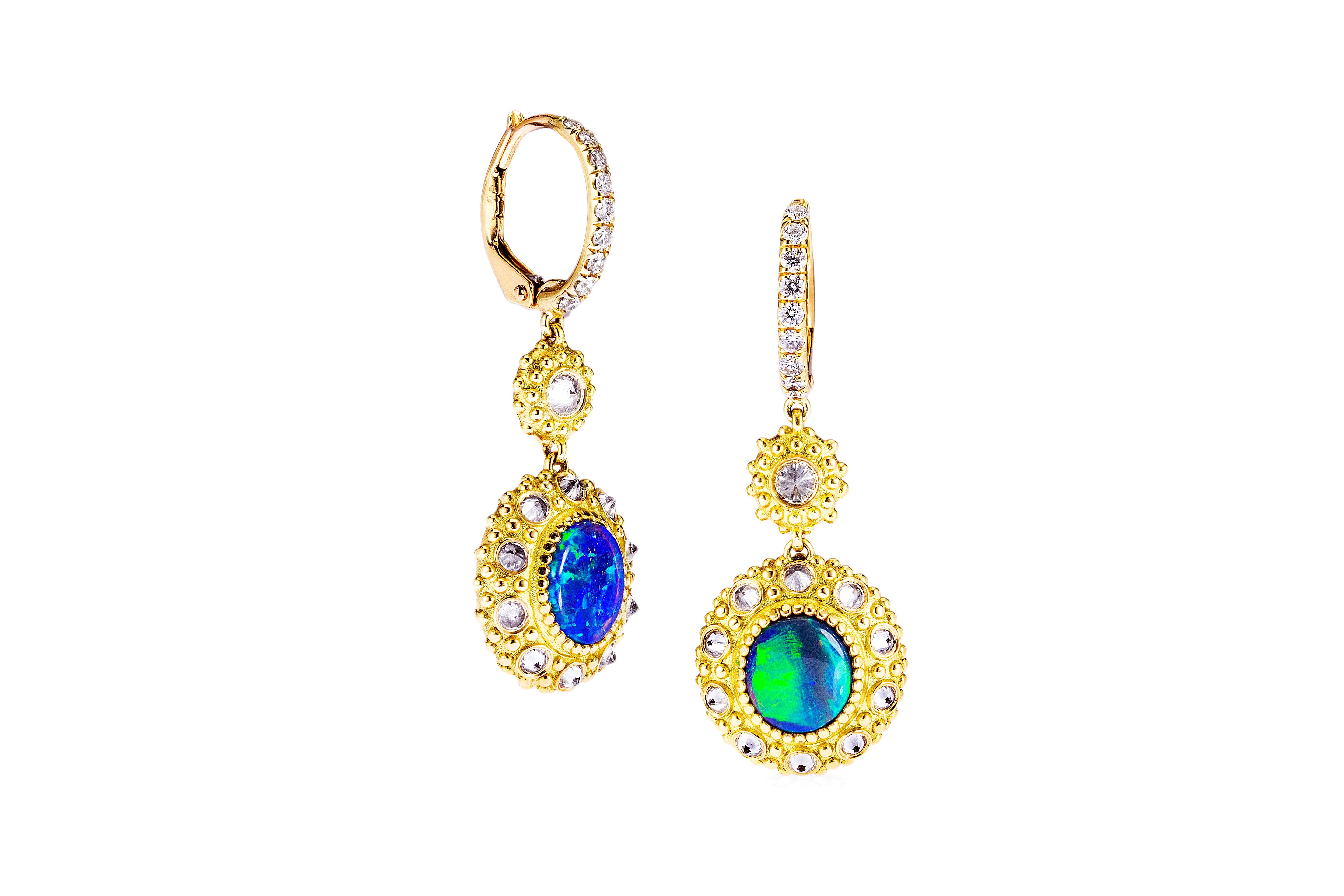 AnaKatarina’s ‘Sunday kind of Love’ ‘Earrings are an homage to the beautiful sea urchin and its totem of intuition and evolution. This beautiful work of art is one-of-a-kind. Lighting Ridge black opals adorn the center of the two sea urchins