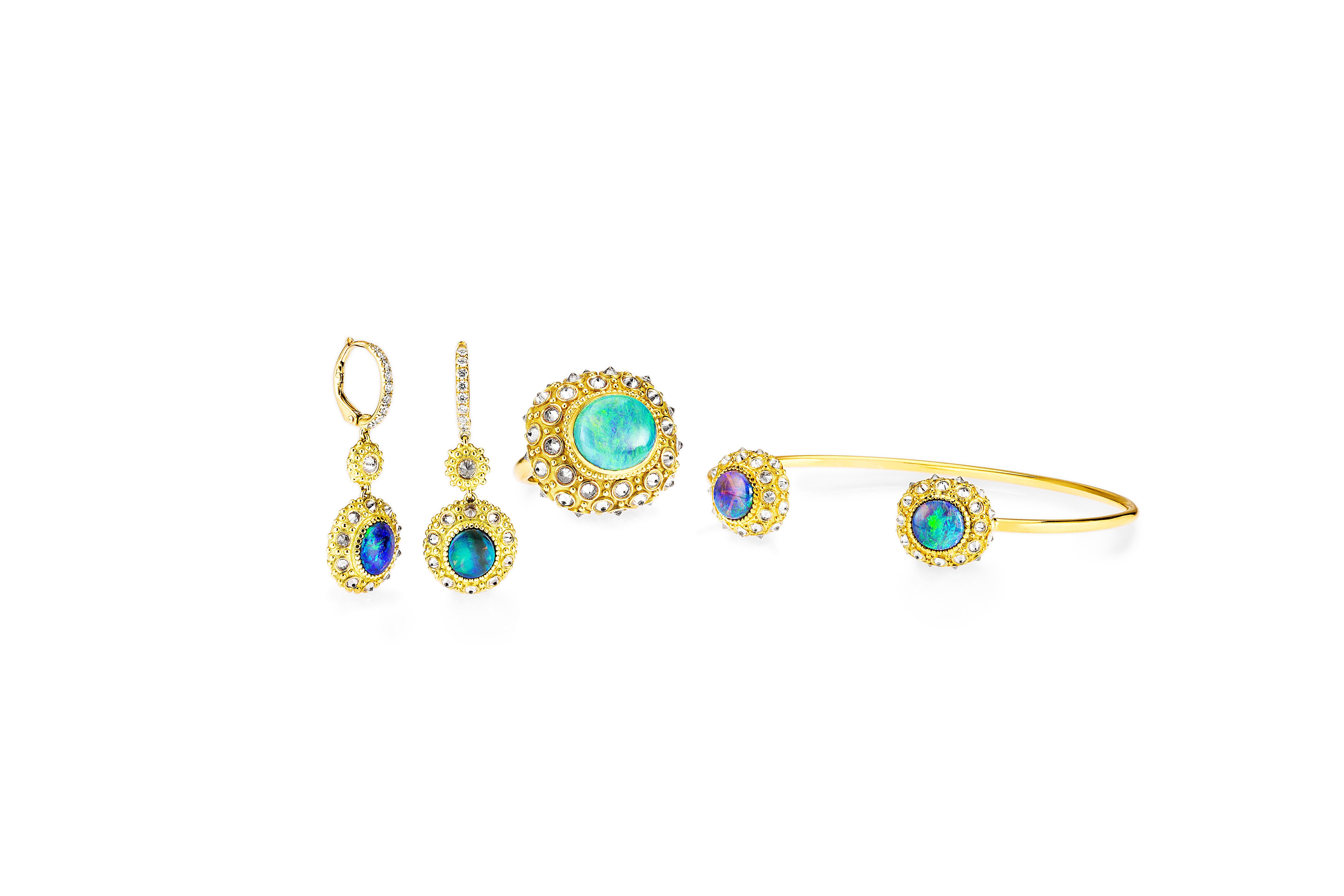 Contemporary Anakatarina Opal, Yellow Gold and Diamond Sea Urchin Earrings
