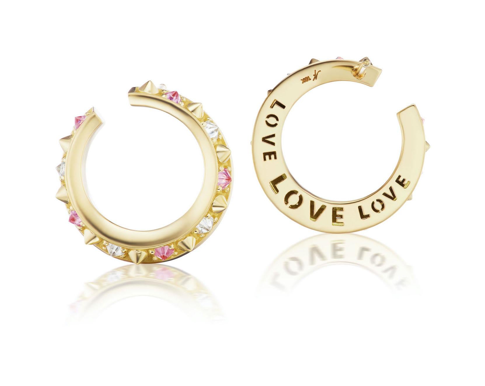 Contemporary AnaKatarina Pink Sapphire, 18k Gold, and Diamond 'Attitude' Twist Hoops For Sale