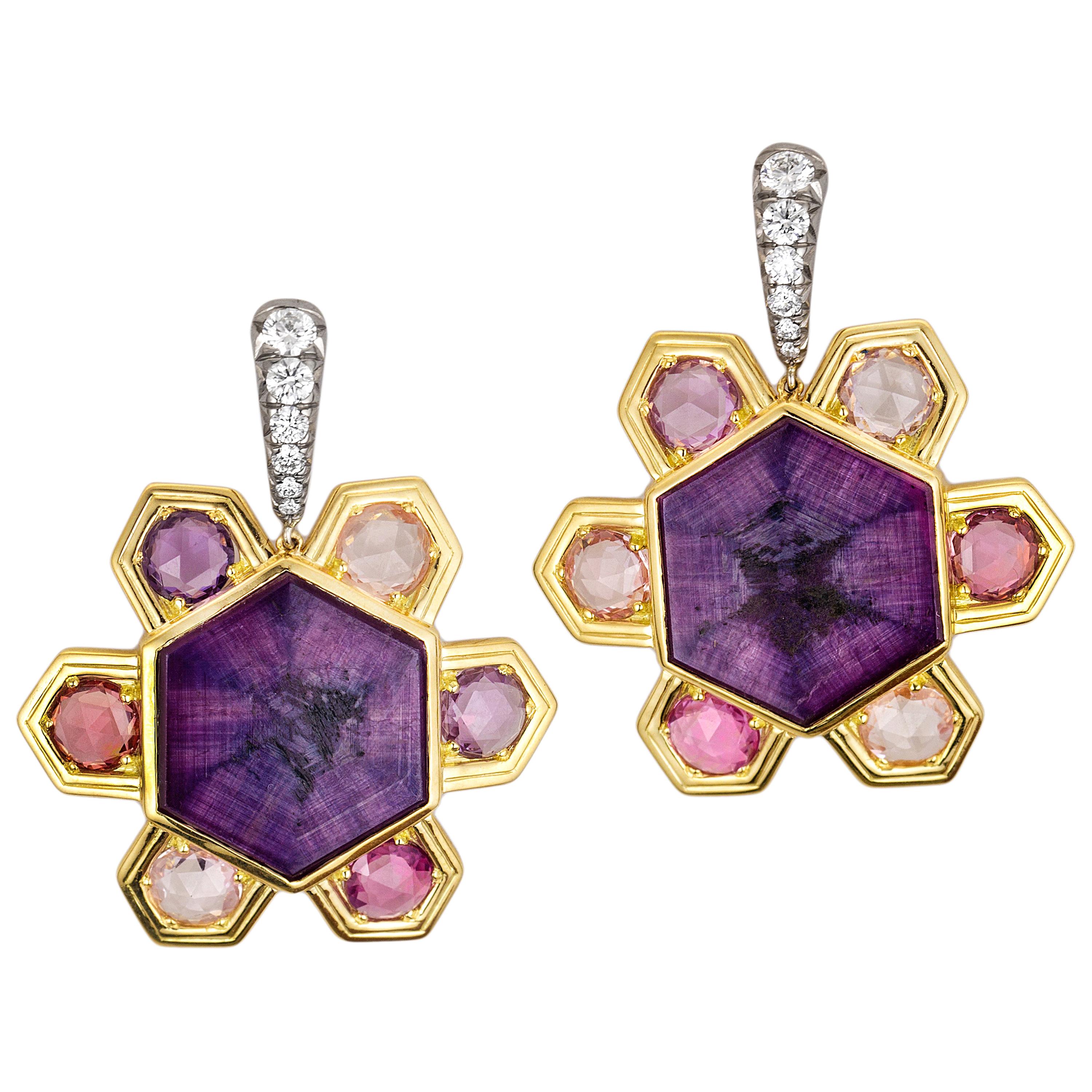 AnaKatarina Trapiche Ruby, Sapphire, Diamond and 18K Gold Earrings For Sale