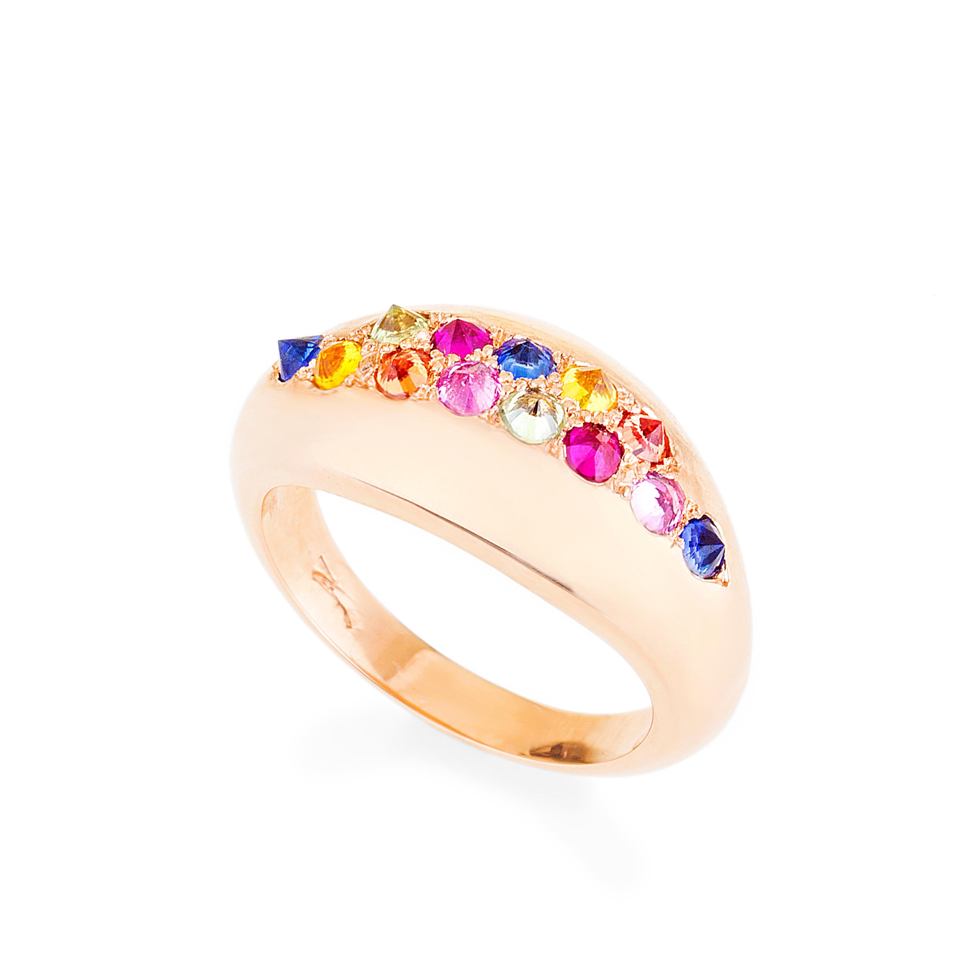 The rose gold dome of the 'Sugar in my Bowl' ring glitters with an inverted sparkling rainbow of sapphires. This sexy ring can be worn alone or stacked with another ring. A perfect minimal statement piece that will become a personal favorite to be