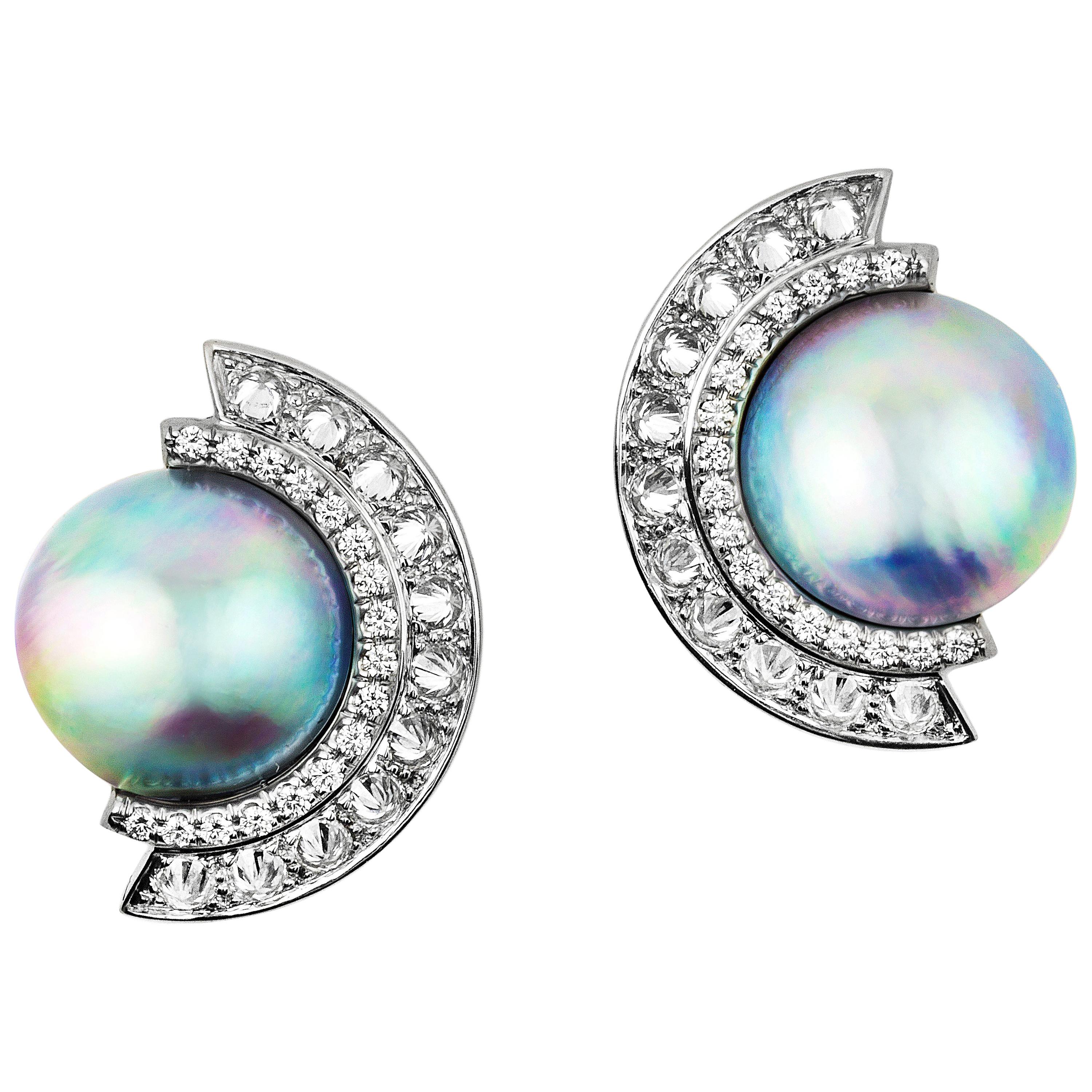 AnaKatarina Sea of Cortez Peacock Pearl, Diamond, and White Gold Earrings For Sale
