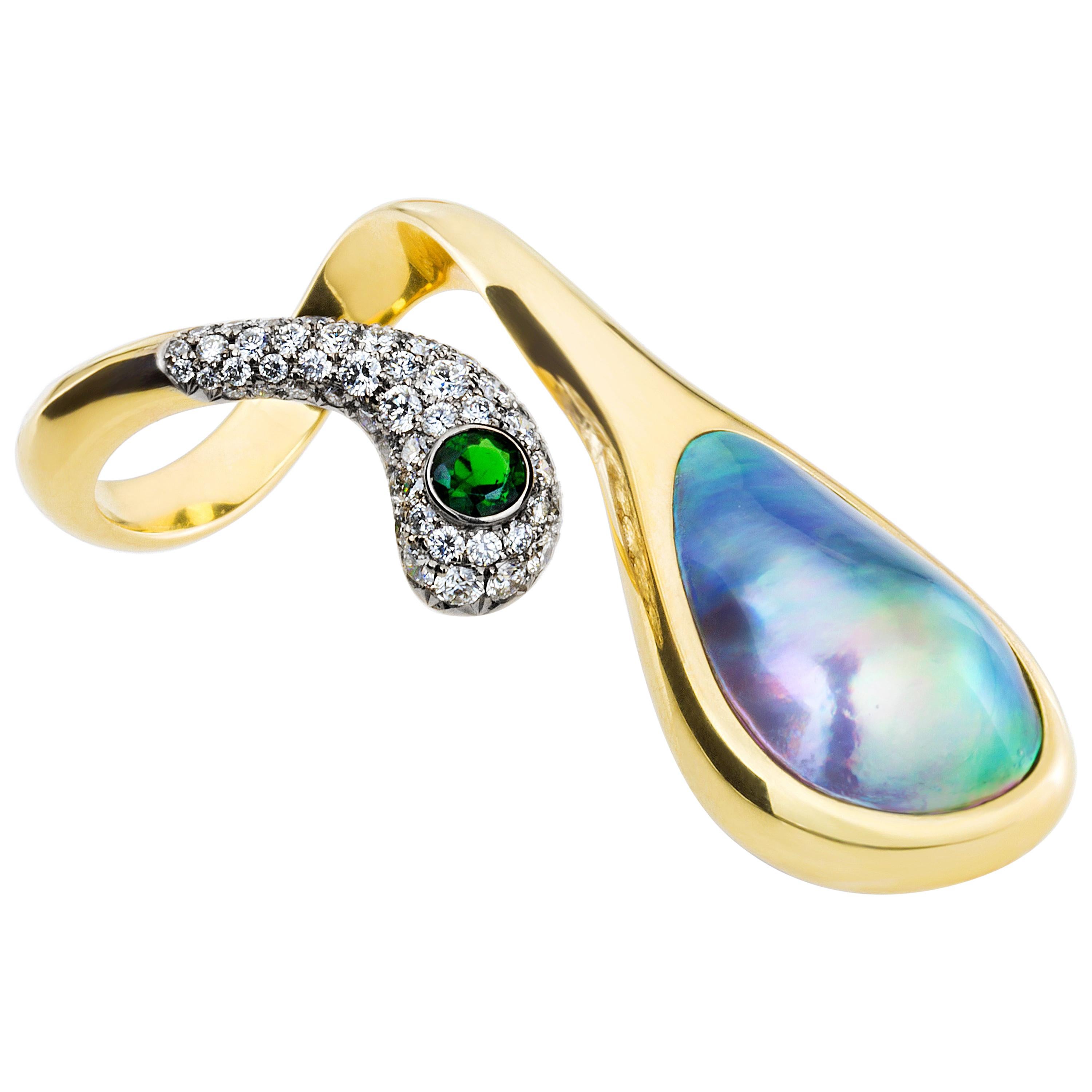 AnaKatarina Sea of Cortez Peacock Pearl, Yellow Gold, Diamonds, & Tsavorite Ring For Sale
