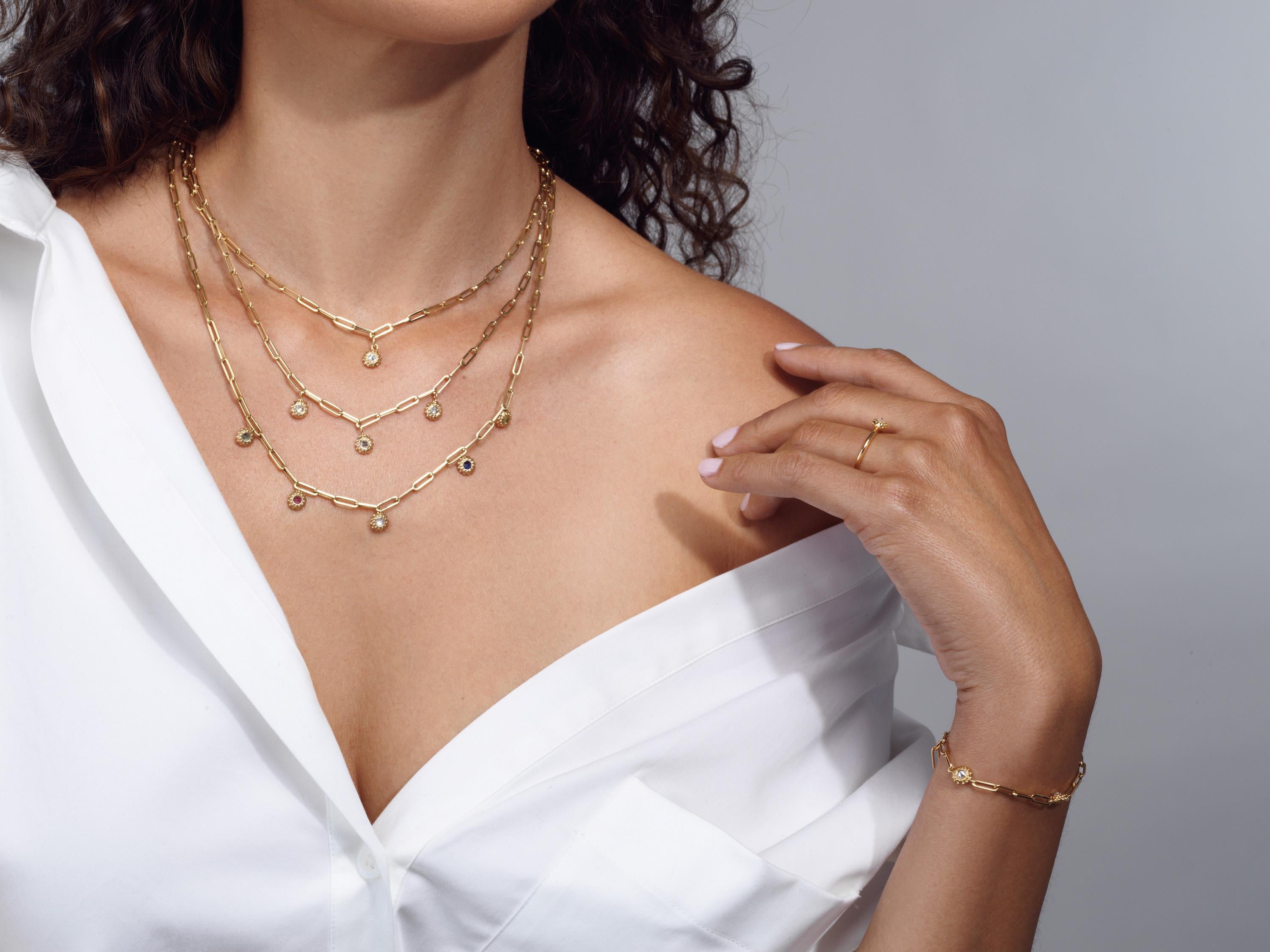 Created by AnaKatarina to celebrate her love for her three daughters and her parents,  the ‘Tribe’ necklace is a simply beautiful expression of AnaKatarina’s theme of intuition. The inverted birthstones of your choice are surrounded by an organic