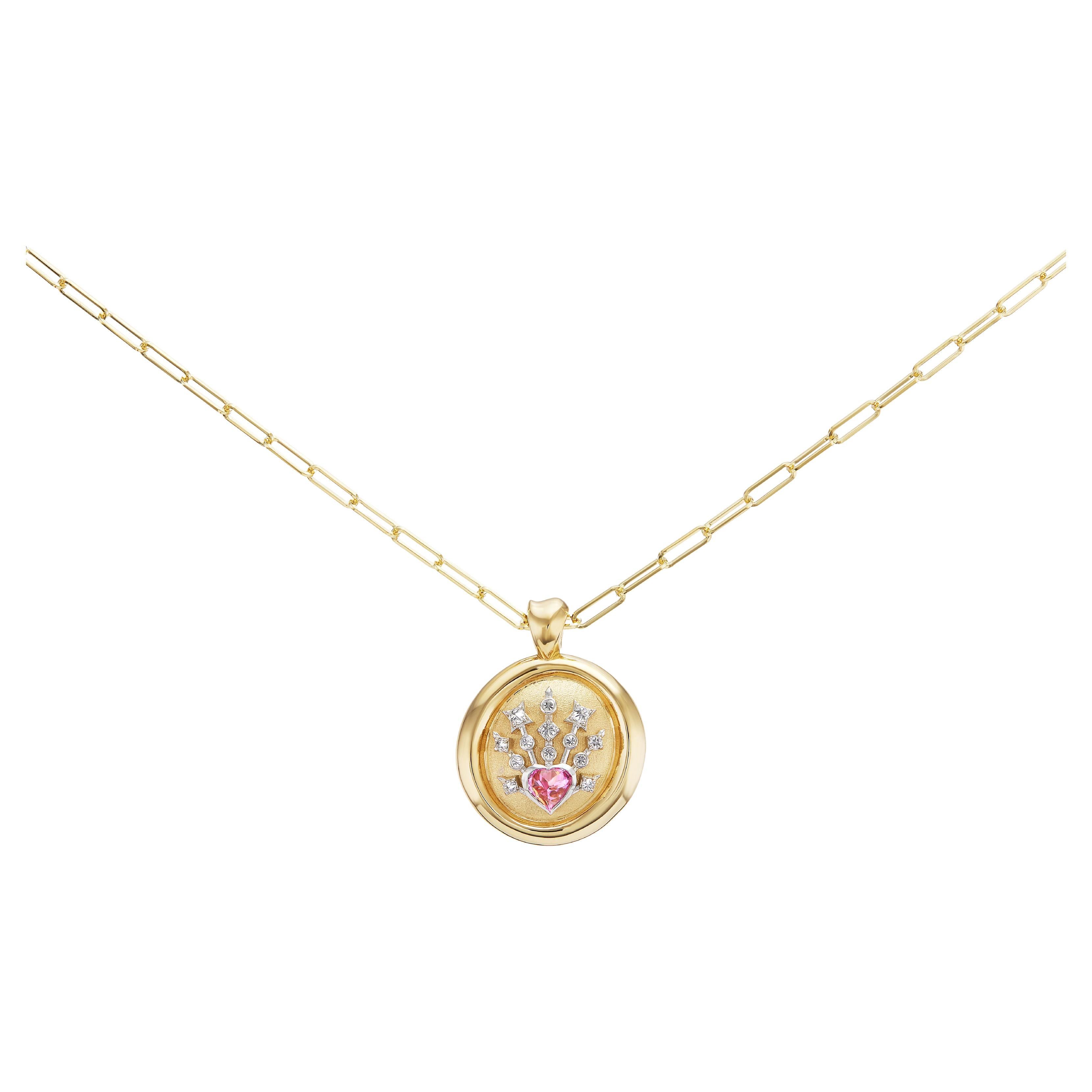 AnaKatarina Yellow Gold, Tourmaline, and Diamond 'Love' Signet Pendant Necklace For Sale