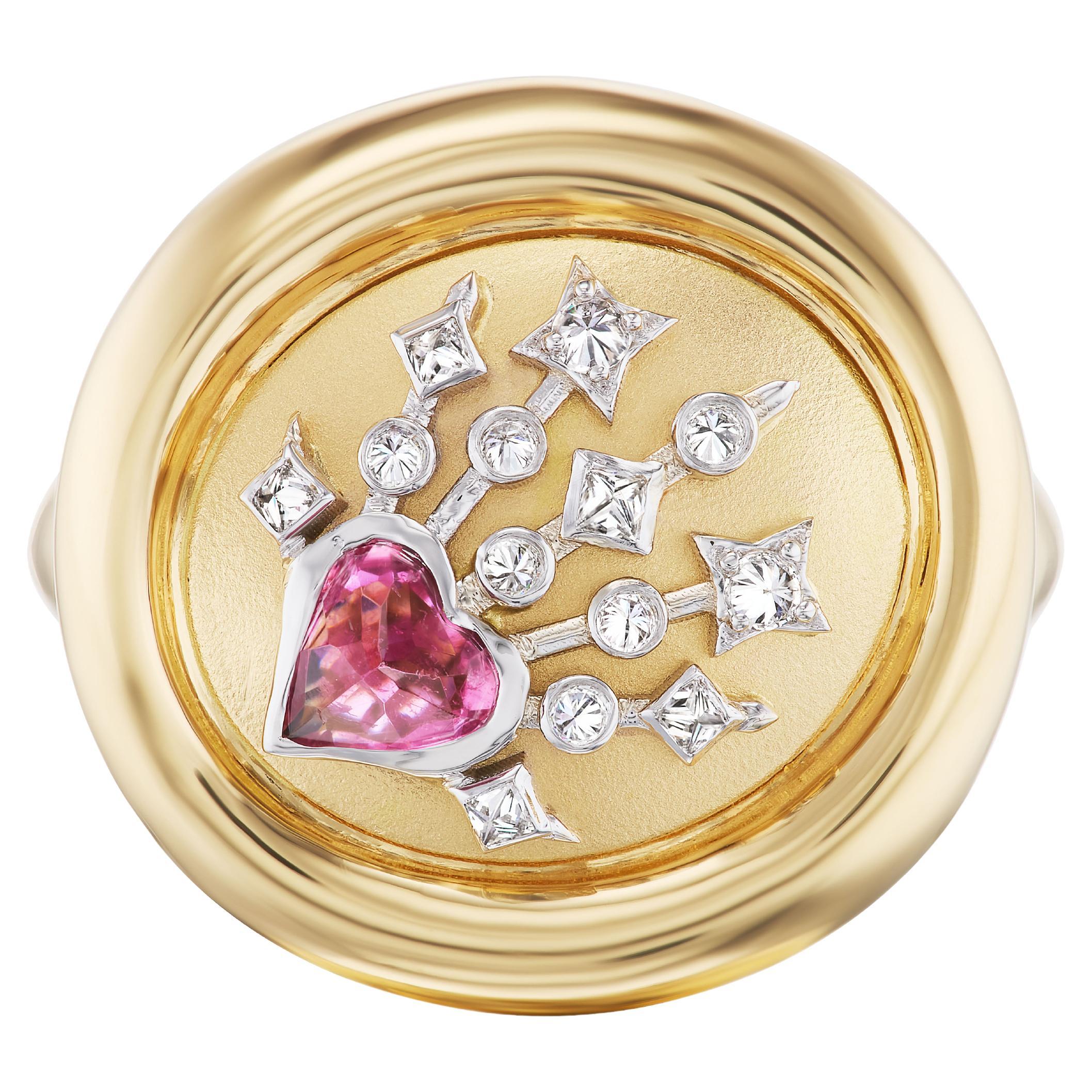 AnaKatarina Yellow Gold, Tourmaline, and Diamond 'Love' Signet Ring For Sale