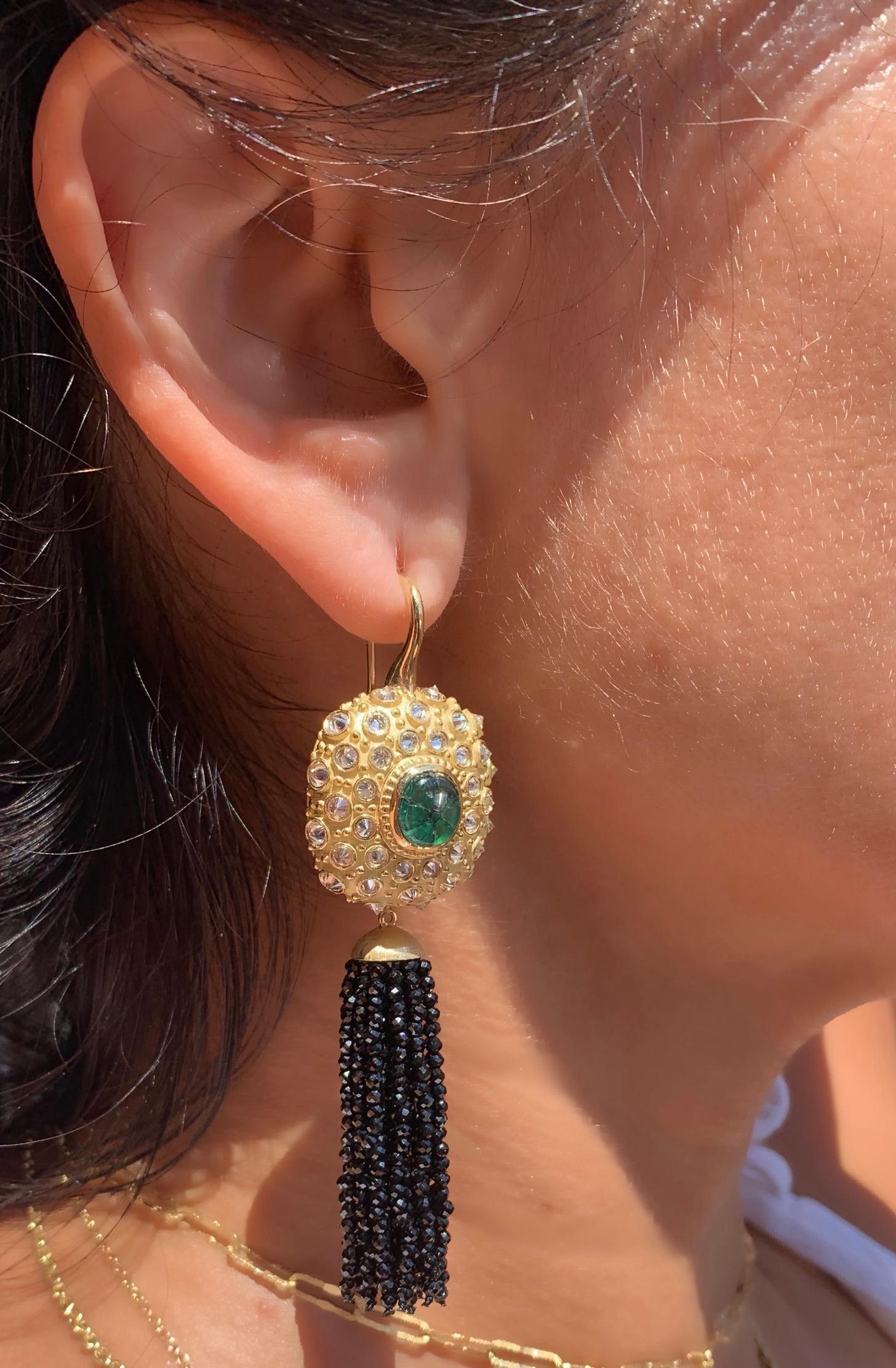 Contemporary AnaKatarina Yellow Gold, Trapiche Emerald, Diamond, Black Spinel Tassel Earrings