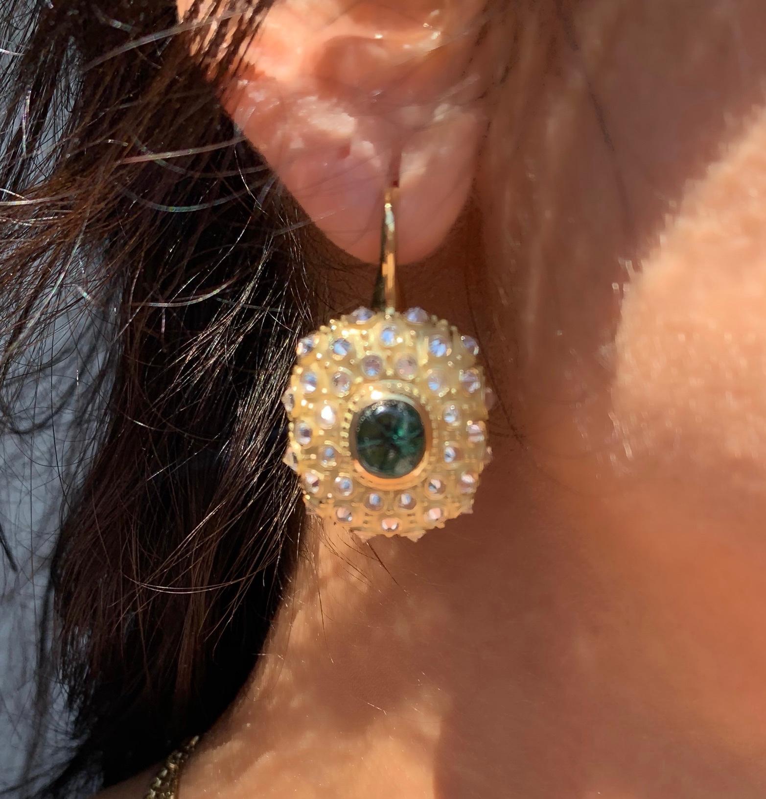 Round Cut AnaKatarina Yellow Gold, Trapiche Emerald, Diamond, Black Spinel Tassel Earrings