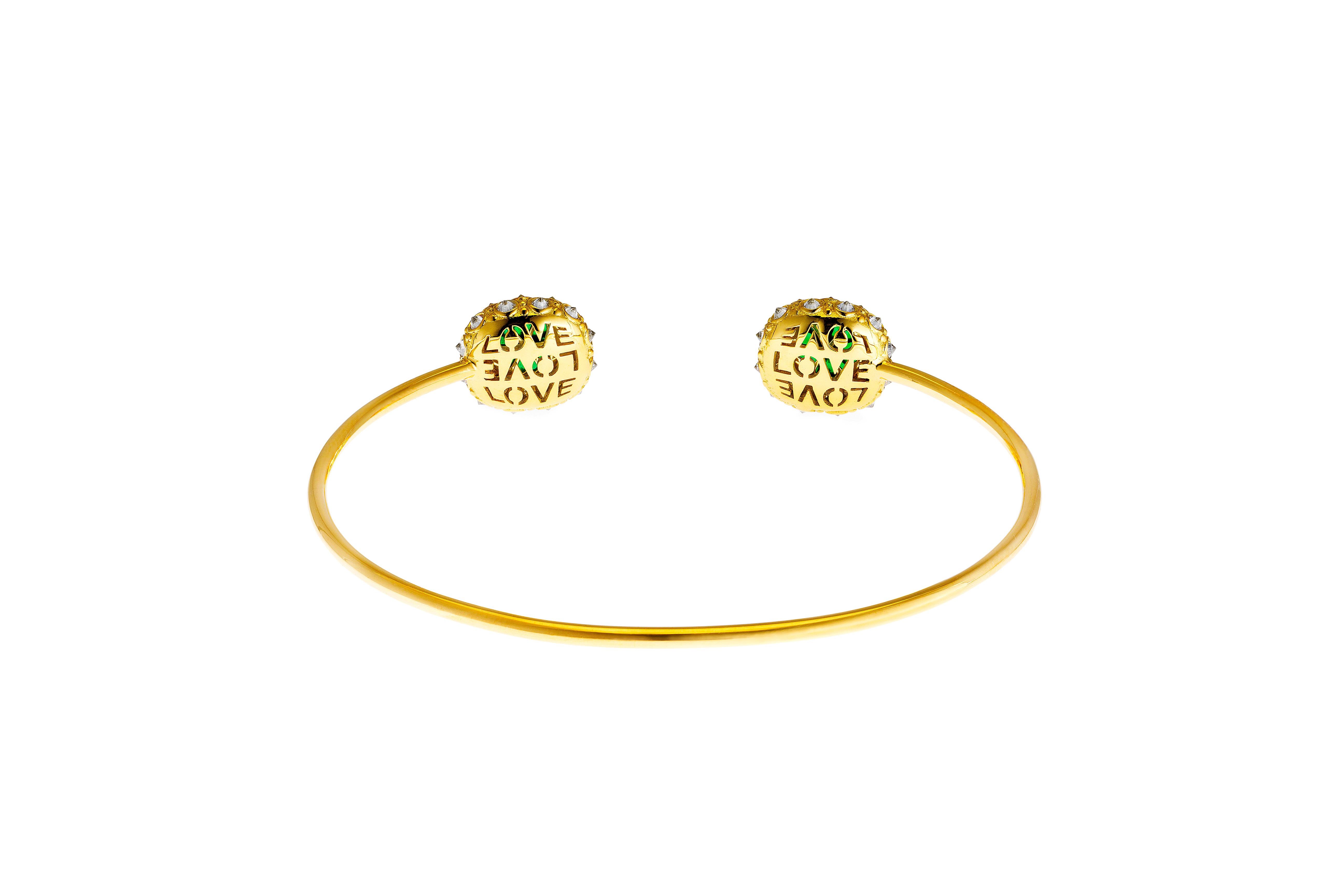 Round Cut AnaKatarina Yellow Gold, Trapiche Emerald and Diamond Cuff Bracelet