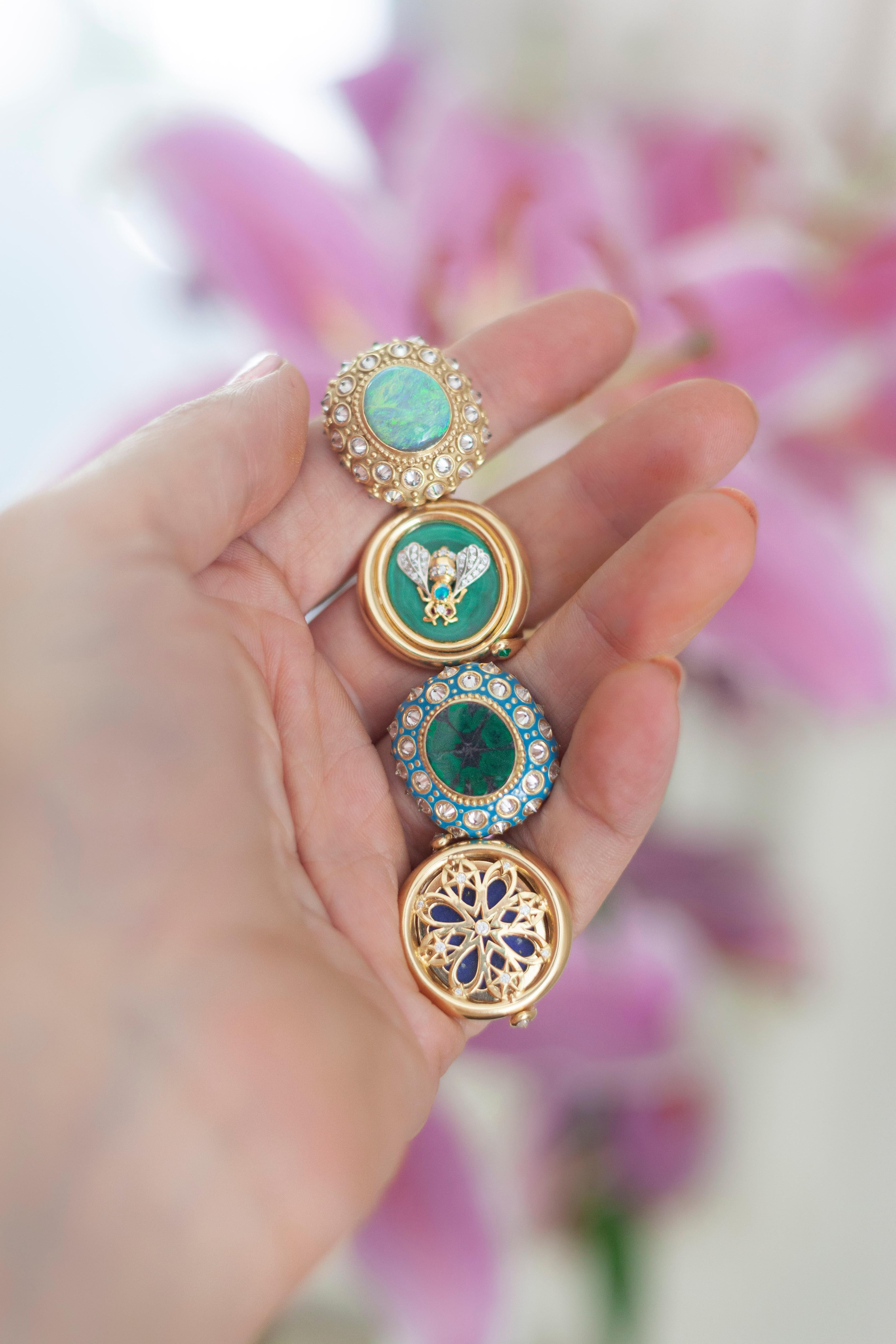 AnaKatarina Yellow Gold, Turquoise Enamel, Trapiche Emerald and Diamond Ring 2