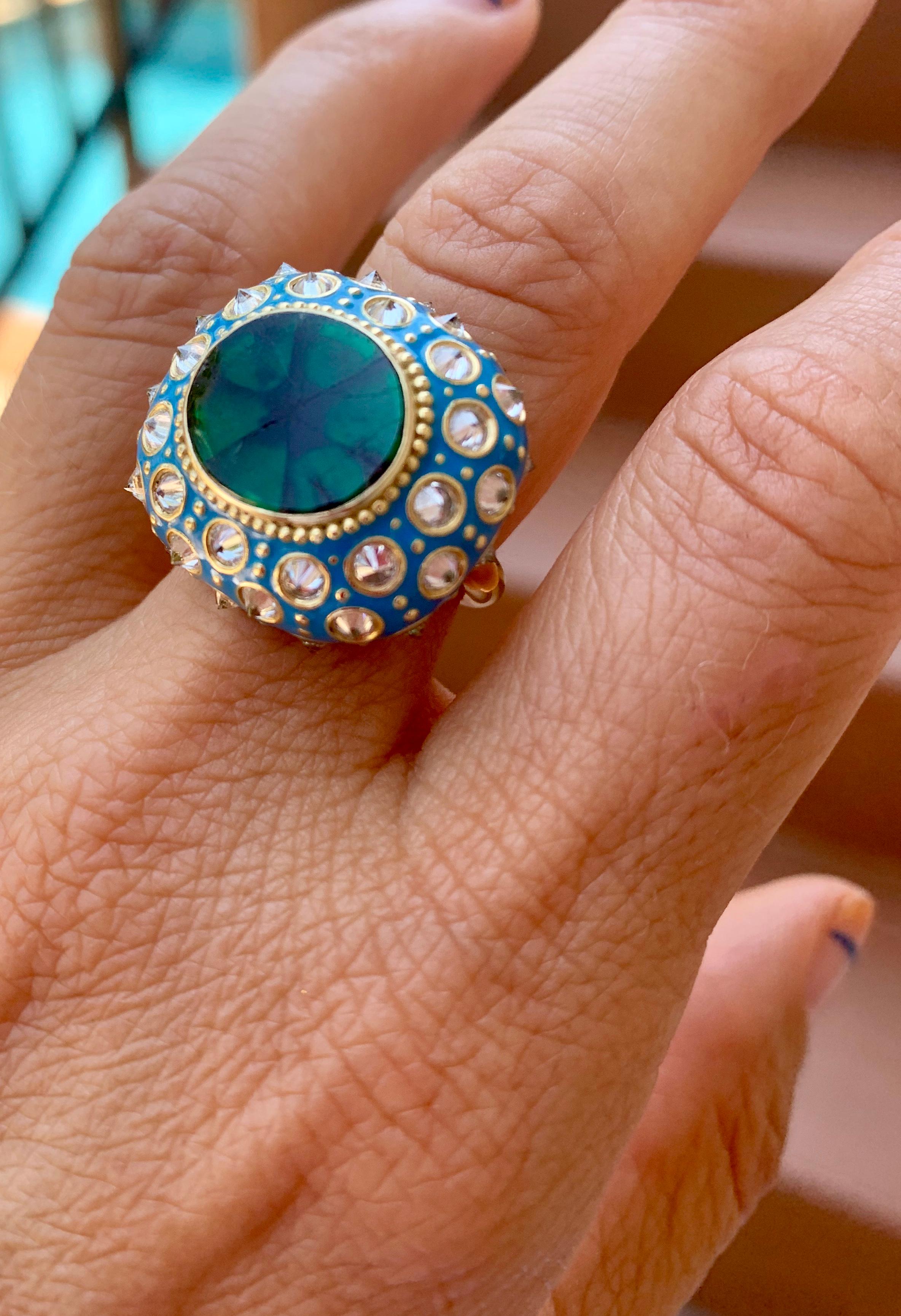 Contemporary AnaKatarina Yellow Gold, Turquoise Enamel, Trapiche Emerald and Diamond Ring