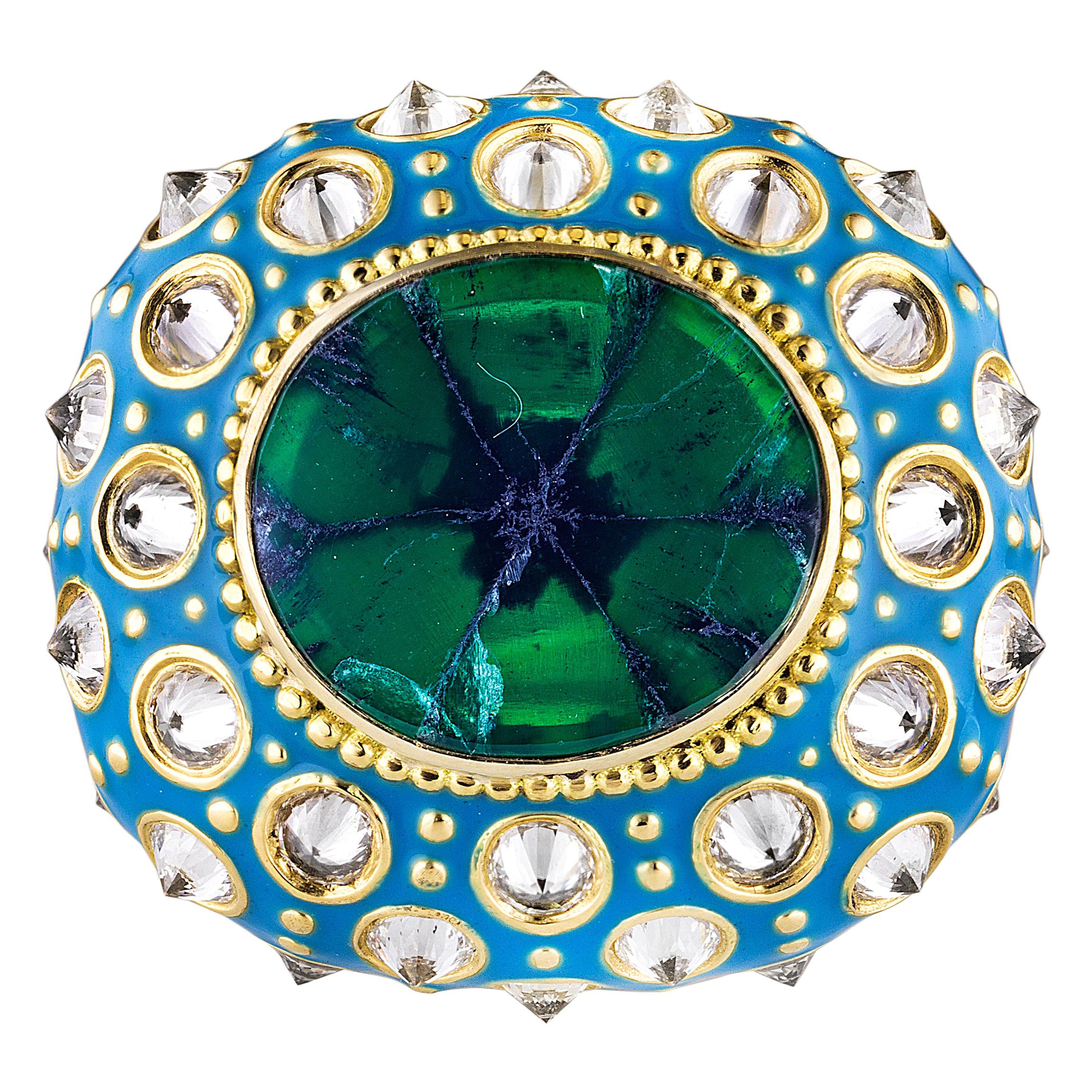 AnaKatarina Yellow Gold, Turquoise Enamel, Trapiche Emerald and Diamond Ring