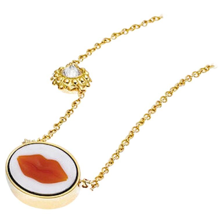 AnaKatrina Brazilian Red Agate, 18 Karat Gold, Diamond Cameo Charm 'Lip' Pendant For Sale