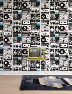 Analog Nights Designer Wallpaper Black and White with Accent, CMYK