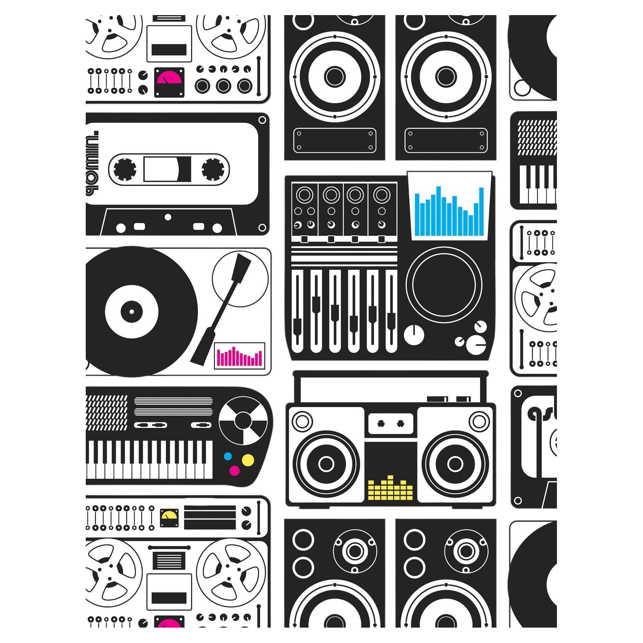 Analog Nights Designer Wallpaper Black and White with Accent, CMYK For Sale