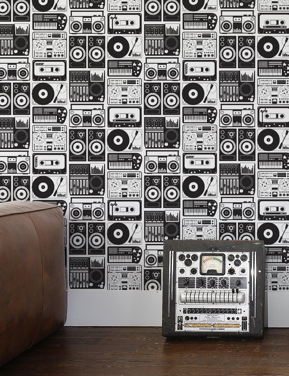 American Analog Nights Designer Wallpaper in Charcoal 'Black and White' For Sale