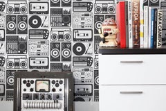 Analog Nights Designer Wallpaper in Charcoal 'Black and White'